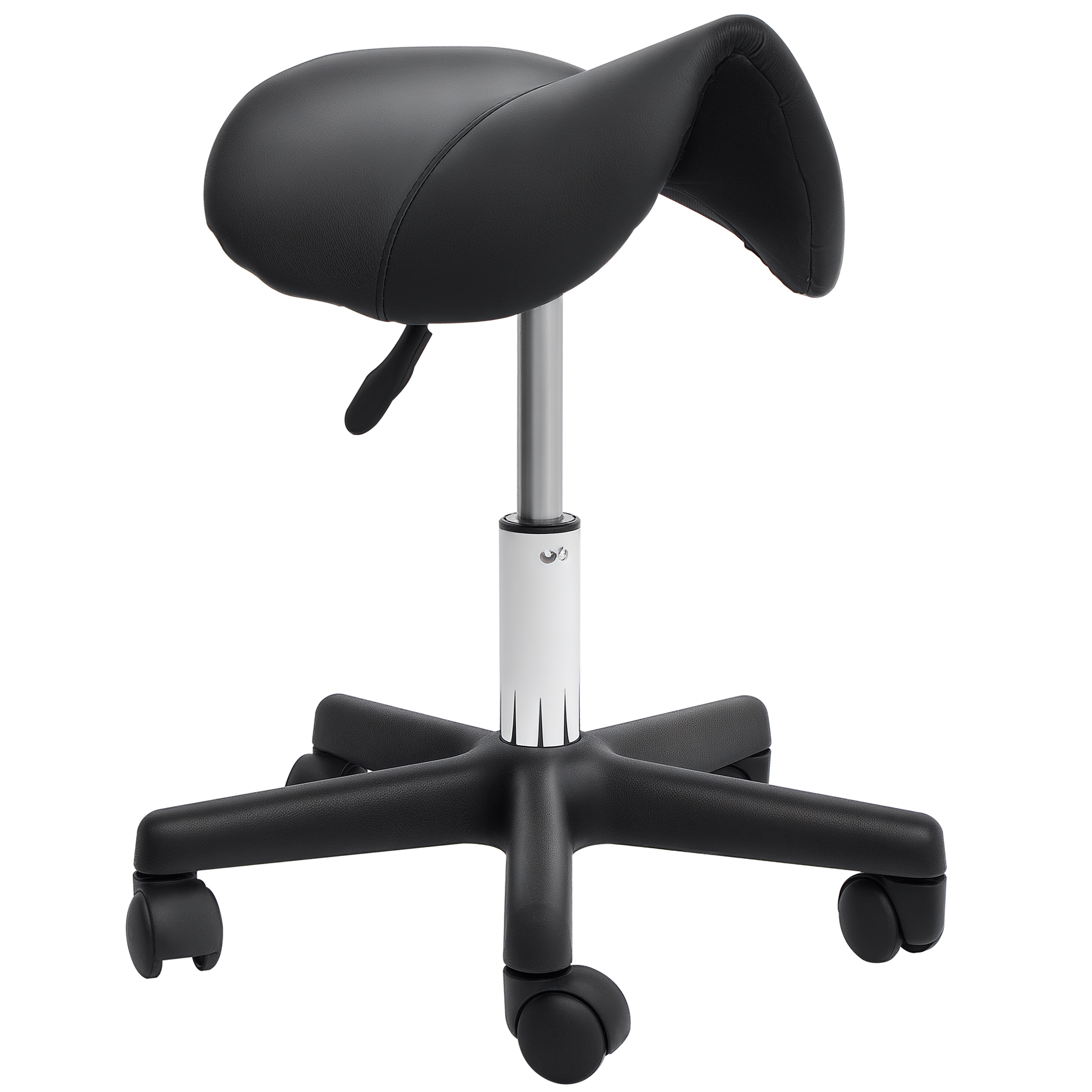 Rollhocker, sattelförmiger Sitz, höhenverstellbar, um 360° drehbar, Kunstleder, schwarz, 35 x 38 x 45-55 cm