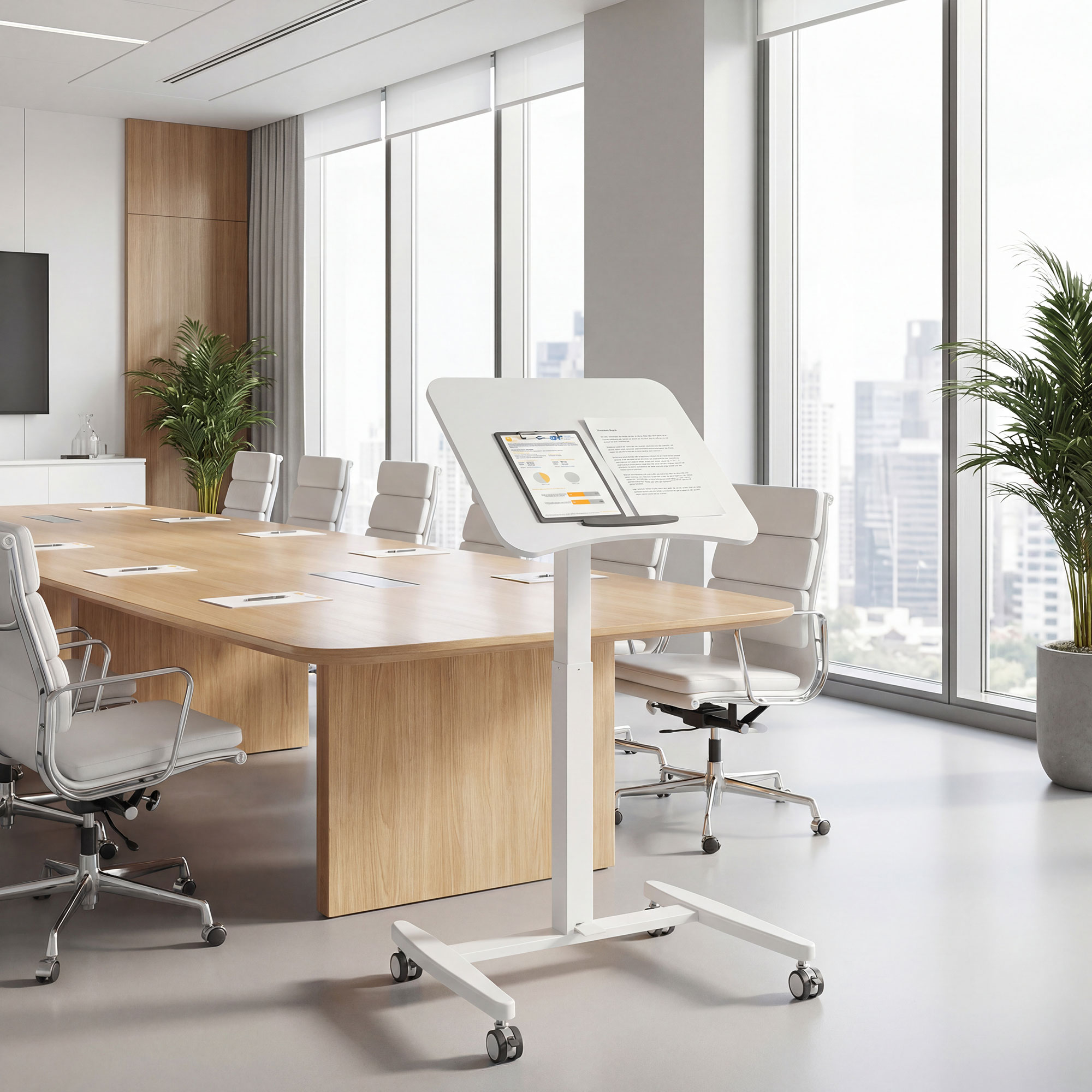 Höhenverstellbarer Stehschreibtisch, Rollbarer Schreibtisch mit neigbarer Tischplatte, Sicherheitsstopper, Rollen, Weiß