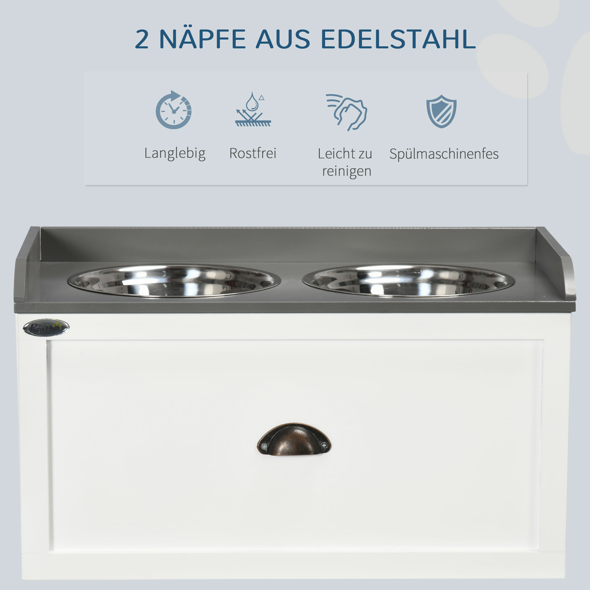 Futterstation, 2 Fressnäpfe je 2 Liter, Edelstahl, mit Schublade, für große Hunde, weiß+grau, 60 x 30 x 36 cm