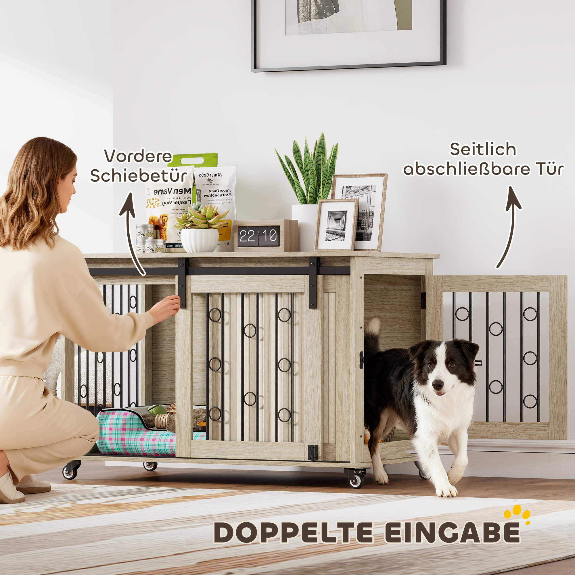 Hundebox auf Rädern, Schiebetür, 100 x 56 x 65 cm, Holz, Stahl