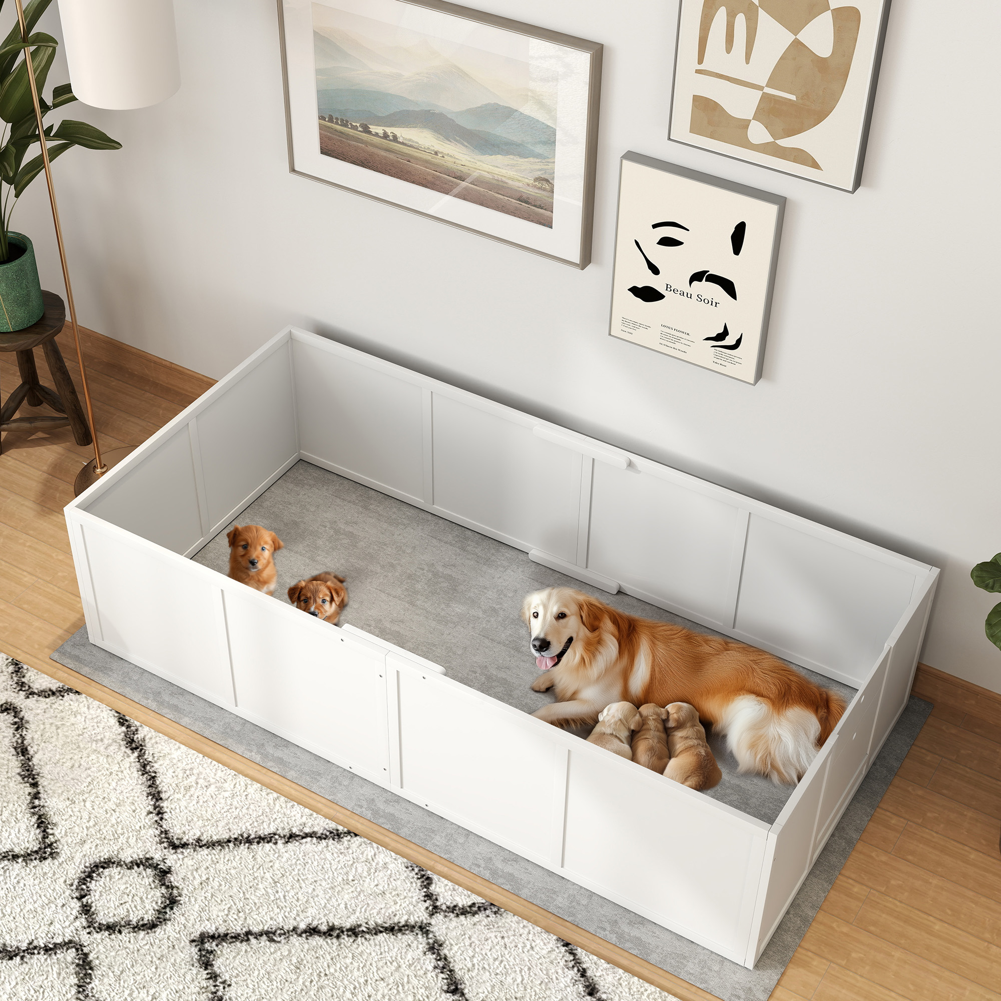 Hunde-Wurfbox für Hunde und Welpen, mit verstellbaren Eingängen, für große und kleine Hunde, 196 x 96 x 48 cm, Weiß