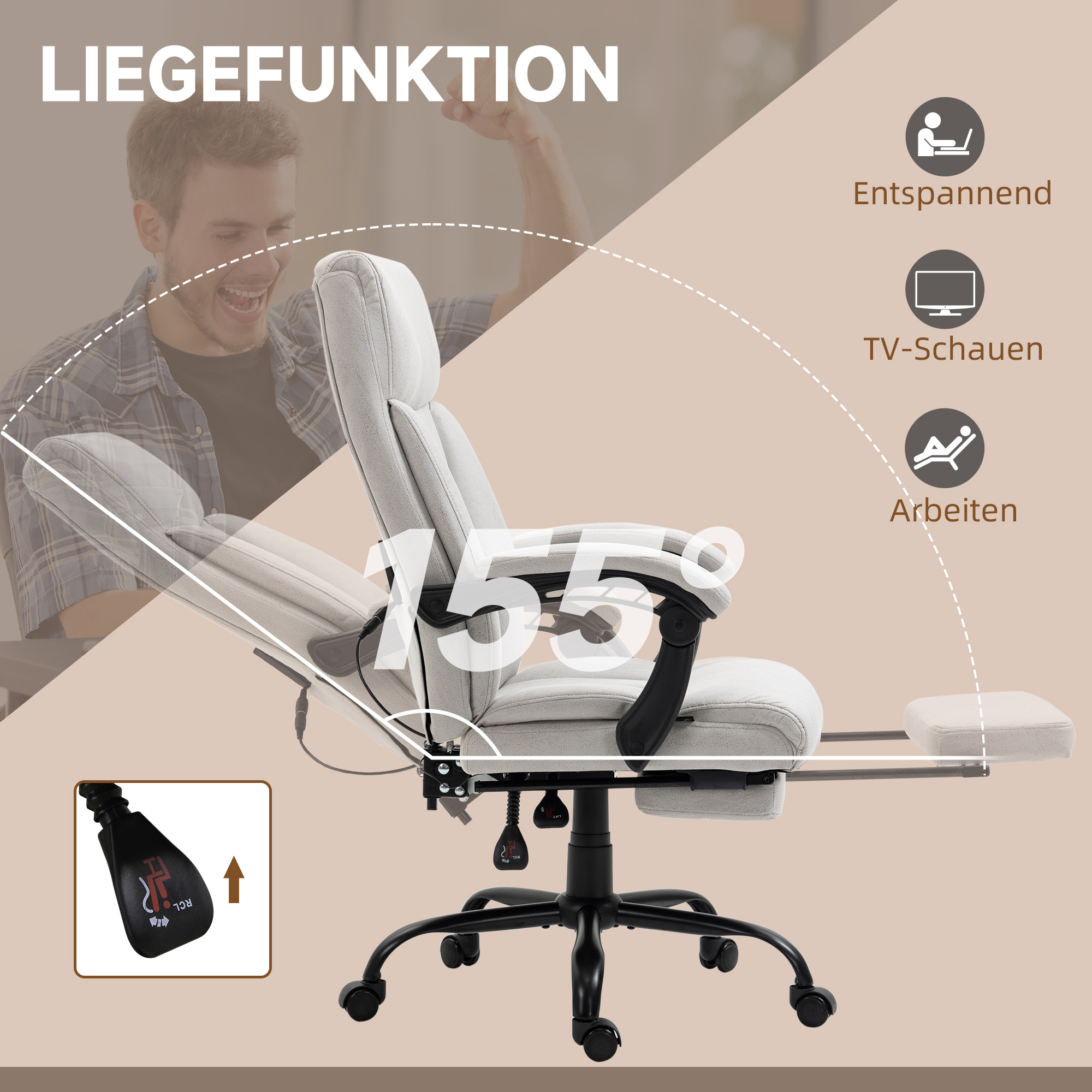 Massage-Bürostuhl Bürostuhl Computerstuhl, Lendenheizung, Neigungsfunktion, Hellgrau