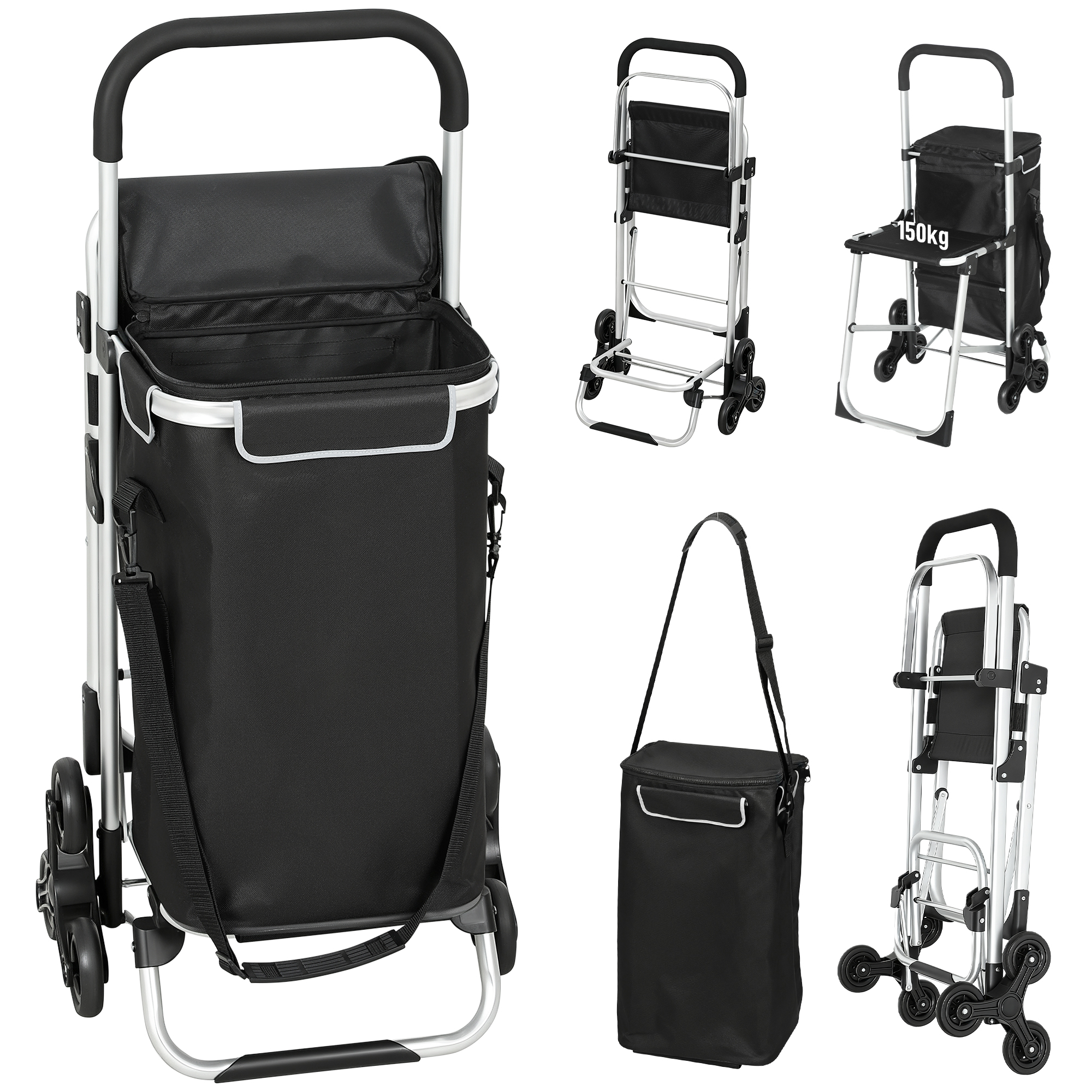 Einkaufstrolley, 40 L Oxford-Tasche, 3-Rad-Design, Aluminiumrahmen, Sitz, Grau