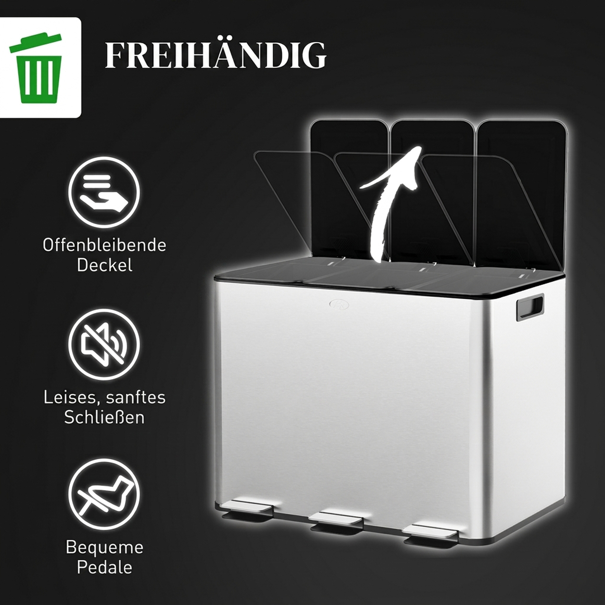 Mülleimer mit 3 x 10 L Fächern, Deodorant-Deckel, fingerabdrucksicher, Soft-Close, herausnehmbar, Silber