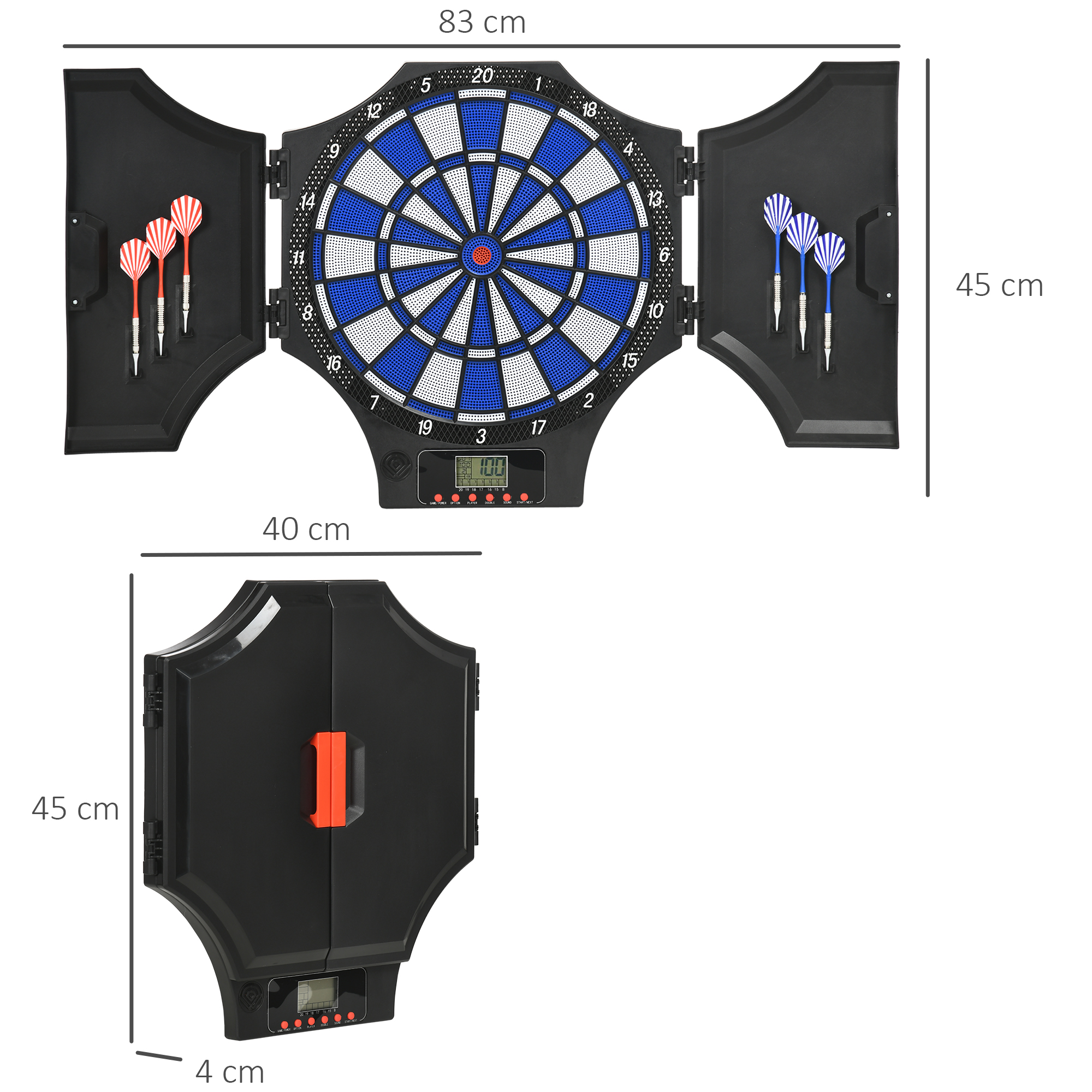 Dartscheibe, elektronisch, 31 Spiele und 285 Programme, für 8 Spieler, 2 Türen, 6 Pfeile, Sound, schwarz, 83 x 45 x 4 cm