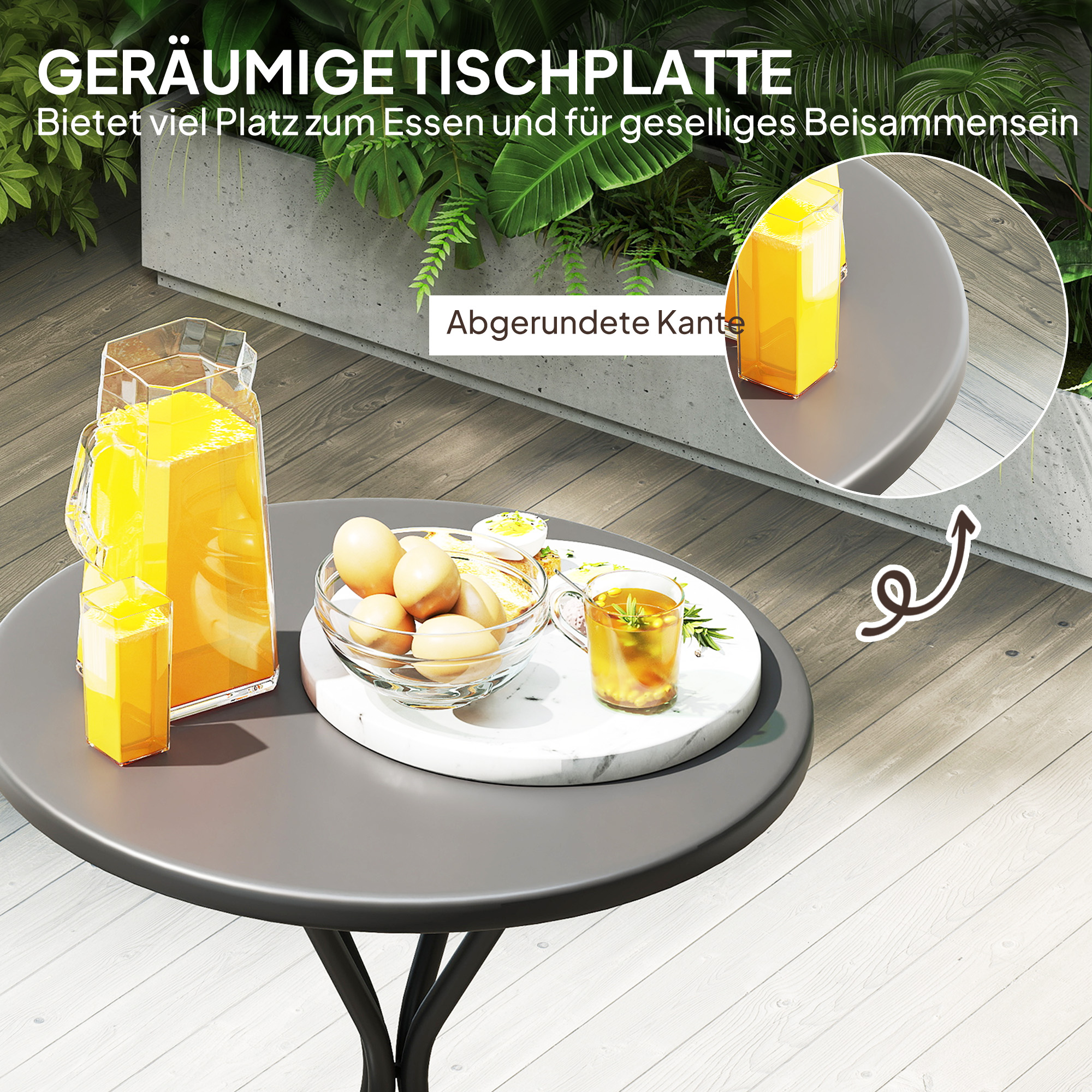 Gartentisch Ø60 x 70 cm, Wetterfest Balkontisch aus Stahl, Runder Esstisch mit Fußpolster Schwarz