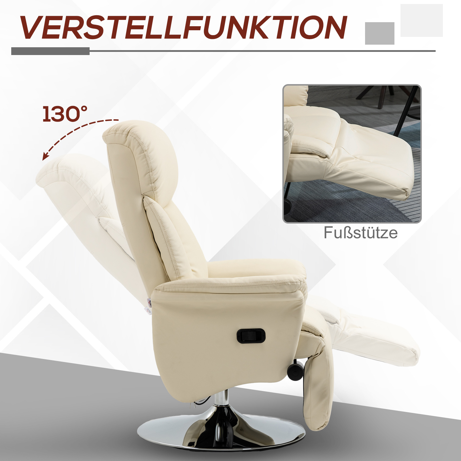 Relaxsessel, Liegefunktion, Lederoptik, Fußstütze, bis 150 kg, 78 x 80 x 109 cm, Creme
