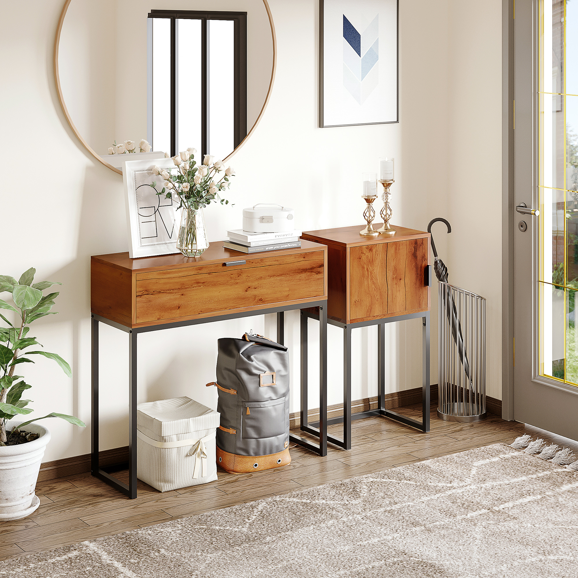 Konsolentisch im Industriedesign, Beistelltisch, Sideboard, 1 Schublade, Braun + Schwarz