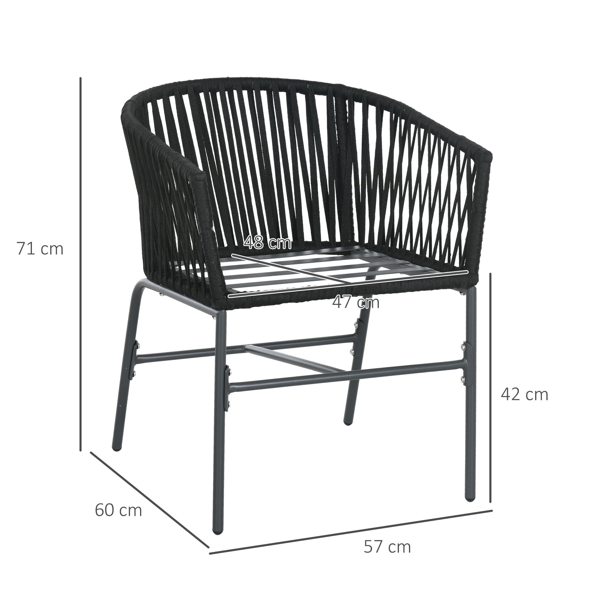 Outdoor Stühle, 2-er Set, Boho-Design, Sitz- und Rückenkissen, bequeme Sitzschale, Metallrahmen, Schwarz