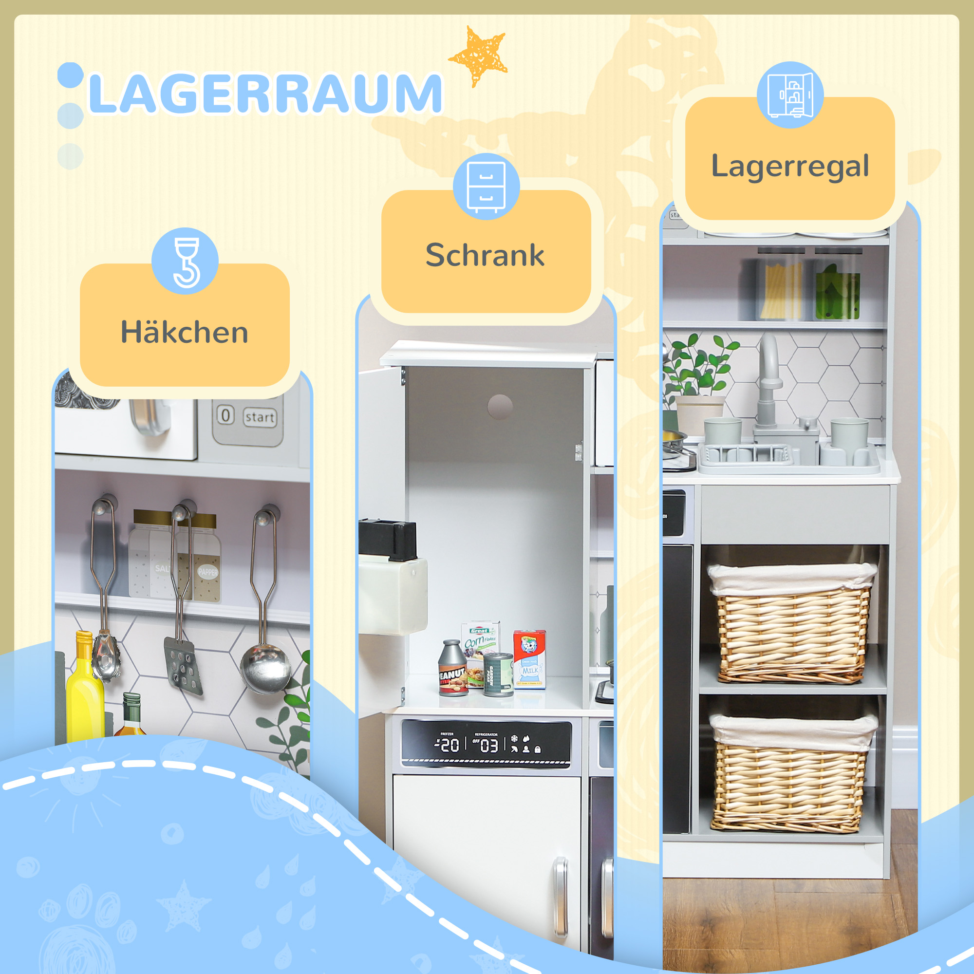 Spielküchen-Set mit Edelstahl-Geschirrset, Herd, Spüle mit Wasserkreislauf, Licht- & Soundeffekte, Weiß
