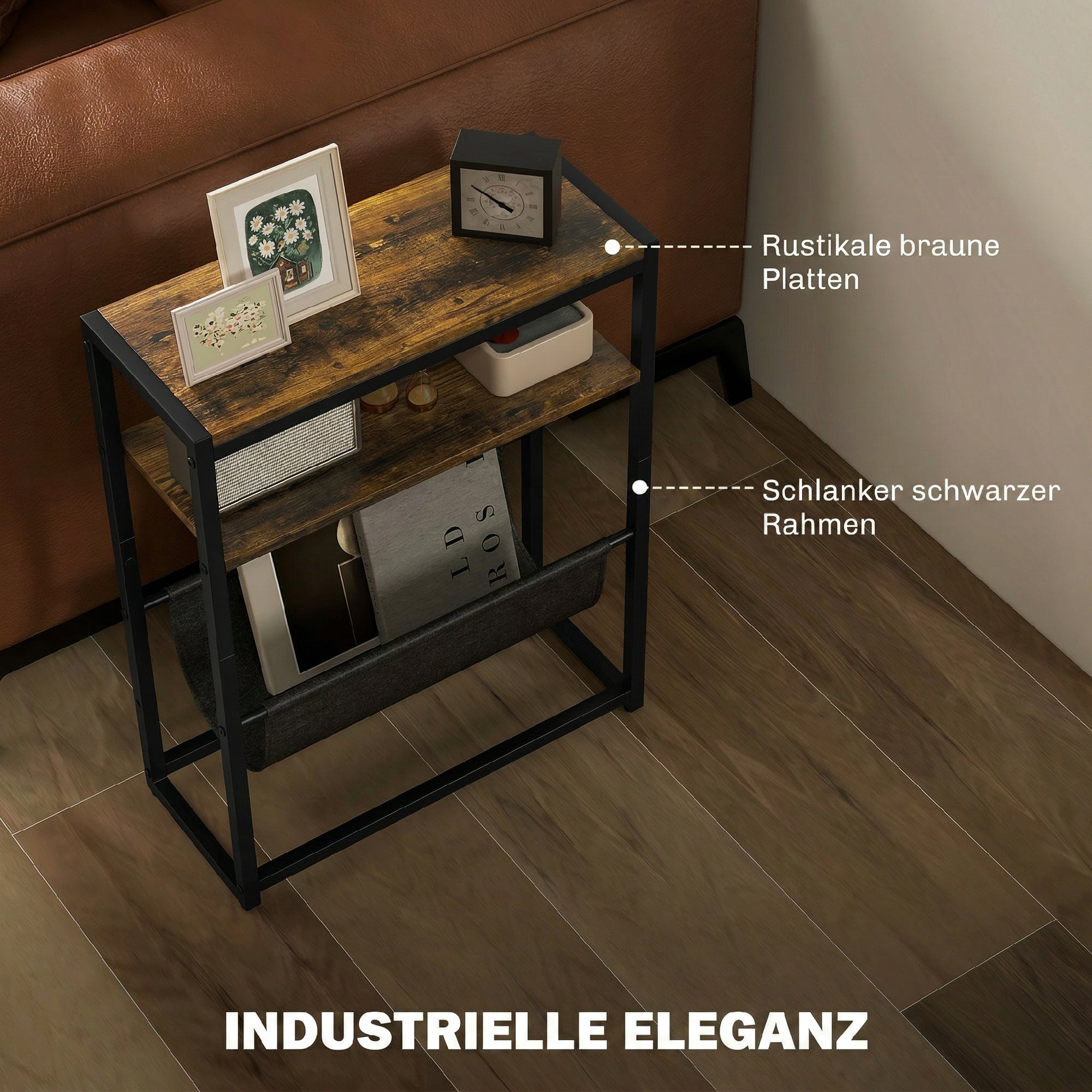 Beistelltisch, Couchtisch mit 3-stufiger Ablage, V-förmigem Magazinhalter 43 x 18 x 56 cm, Rustikal Braun