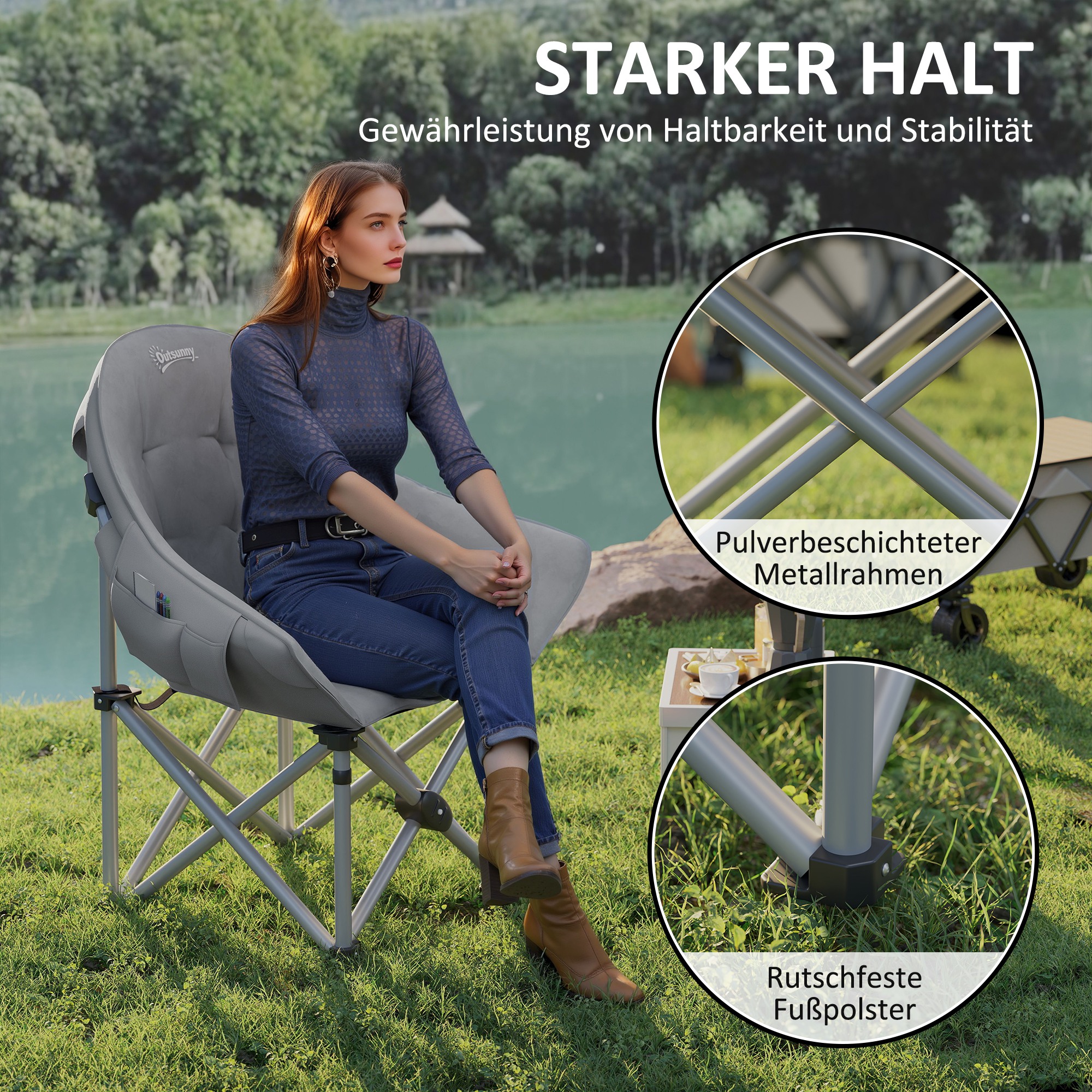 Faltstuhl faltbar Campingstuhl mit Seitentasche Tragetasche gepolstert bis 120kg belastbar Dunkelgrau