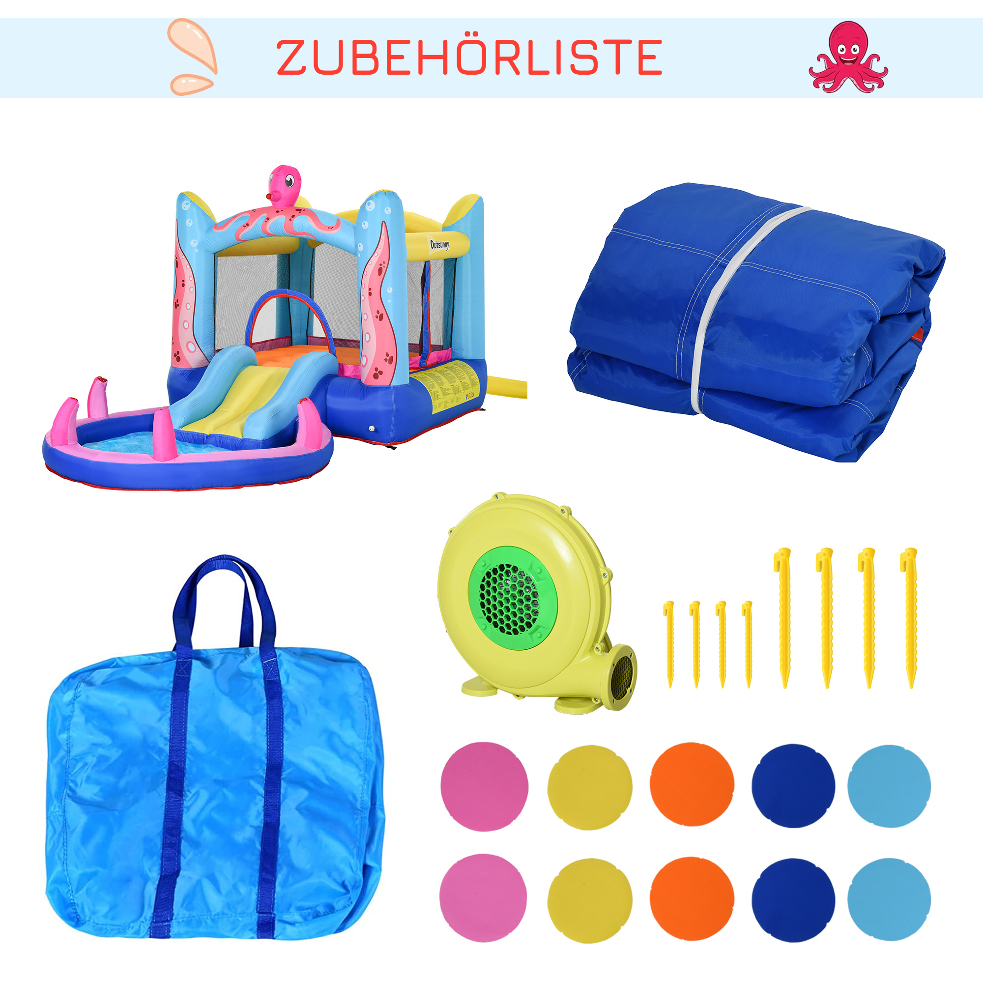 selbstaufblasende Hüpfburg inkl. Gebläse, Flicken, 1 Trampolin, 1 Wasserbecken, 1 Rutsche,  360 x 175 x 180 cm