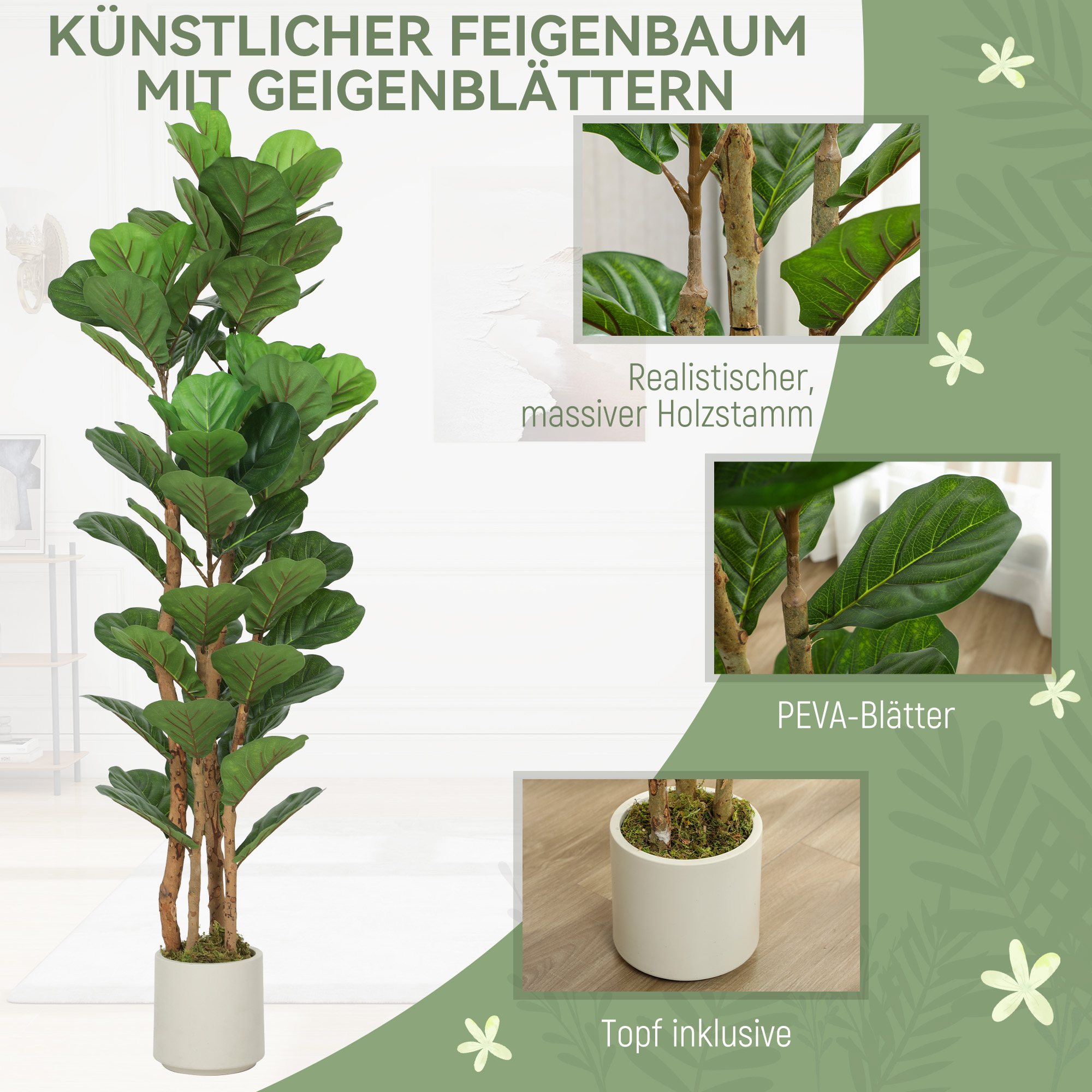 Künstlicher Geigenfeigenbaum Kunstpflanze mit 71 Blättern, Massivholzstamm, Topf, 50 x 50 x 150 cm, Grün