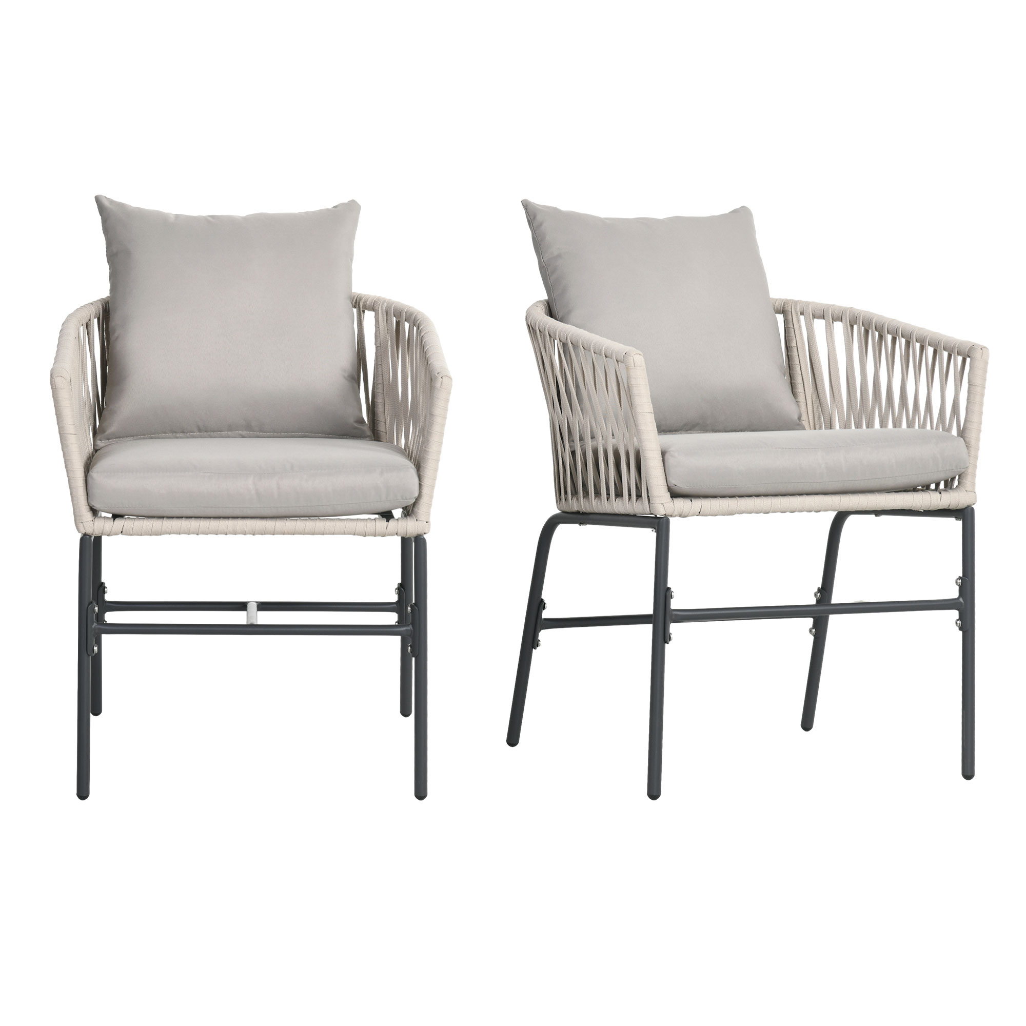 Terrassenstuhl 2er-Set, Boho-Stil, bequeme Sitzschale, Sitzauflagen, waschbarer Bezug, Metallrahmen, Beige