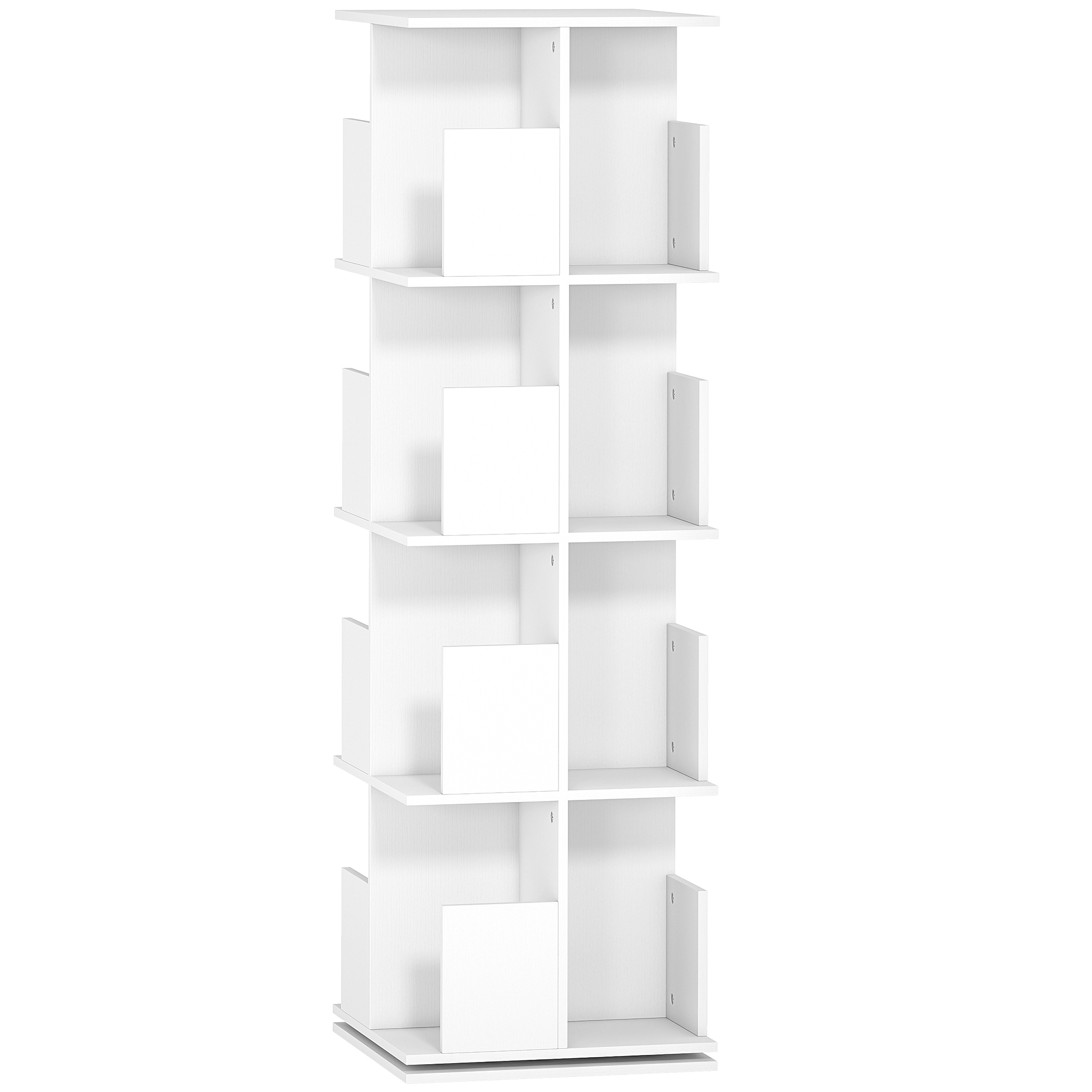 drehbares Bücherregal mit 4 Ebenen, 16 Fächer, leicht zugänglich, für Schlafzimmer, Wohnzimmer, Arbeitszimmer, Spanplatte, Weiß