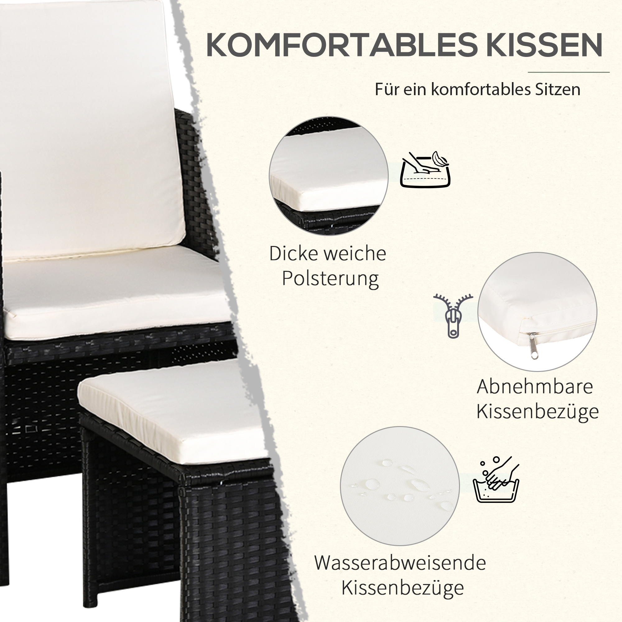 Polyrattan Sitzgruppe Essgruppe Gartenset Garnitur 11 tlg, mit Kissen Schwarz