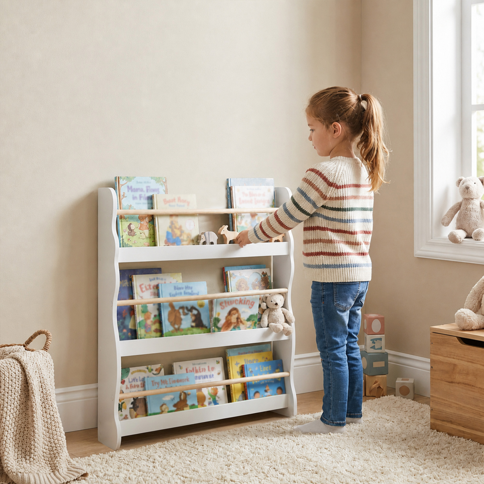 Bücherregal Kinder, Wandmontiert Kinderregal mit 3 Ebenen, Wandregal mit Kippschtz 60 x 15 x 73 cm Weiß