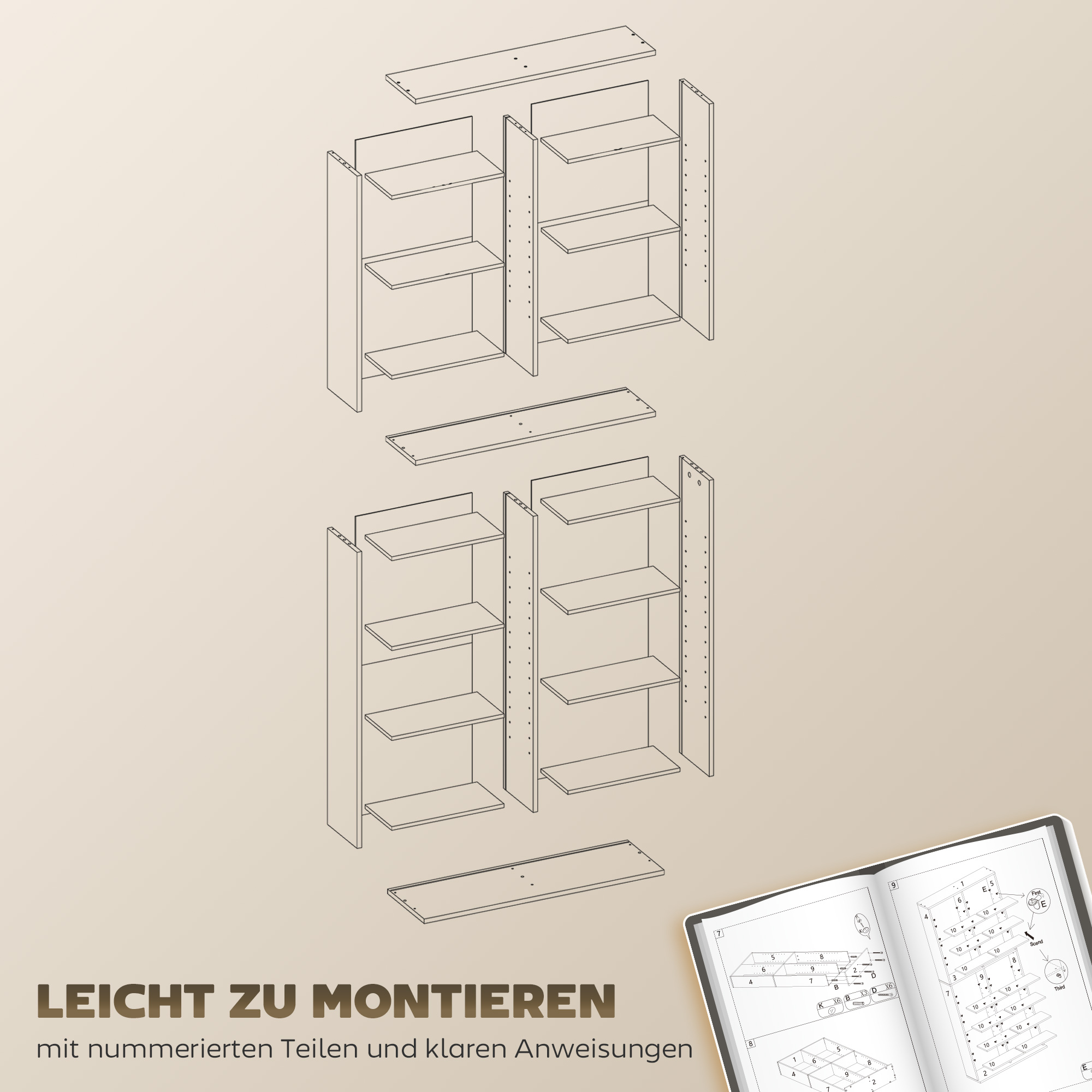 9-stufiges DVD-Regal mit 18 Fächern und 14 verstellbaren Einlegeböden, Platz für 640 CDs, 360 DVDs oder 430 Blu-rays, Naturholz