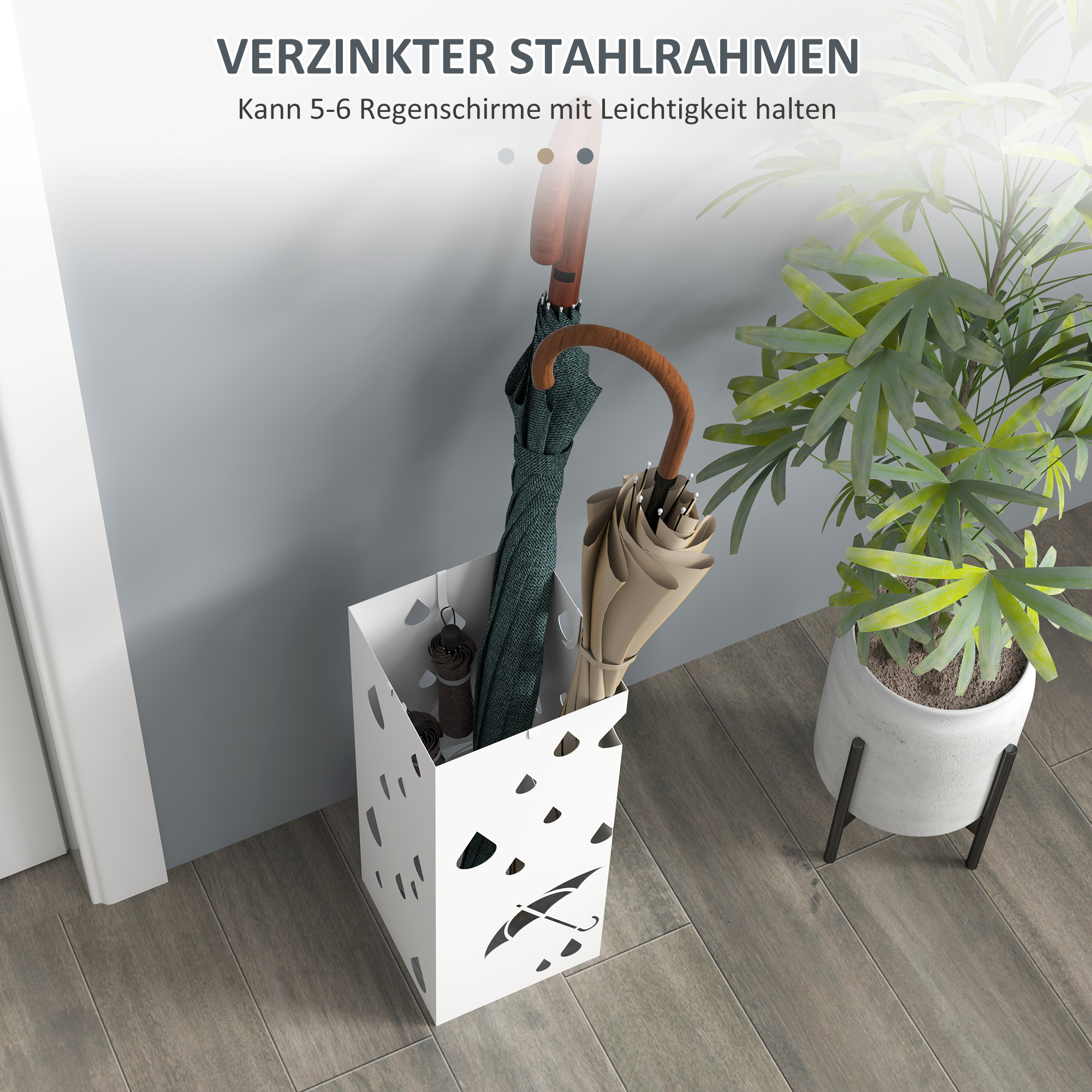 Schirmständer, 4 Haken, Tropfschale, Stahl, Weiß