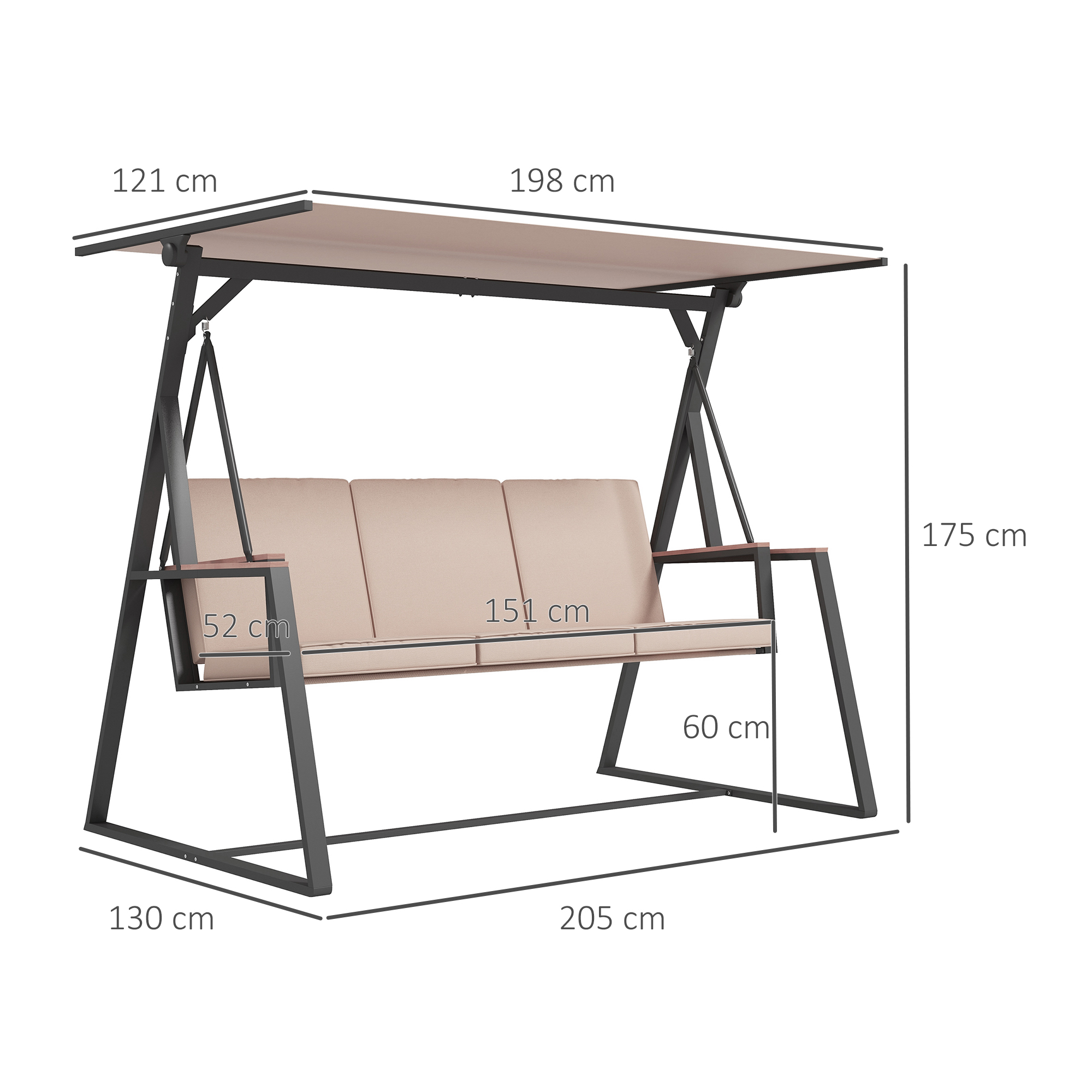 Hollywoodschaukel Gartenschaukel 3-Sitzer-Schaukel, mit Sonnendach, wetterbeständig, Beige + Schwarz