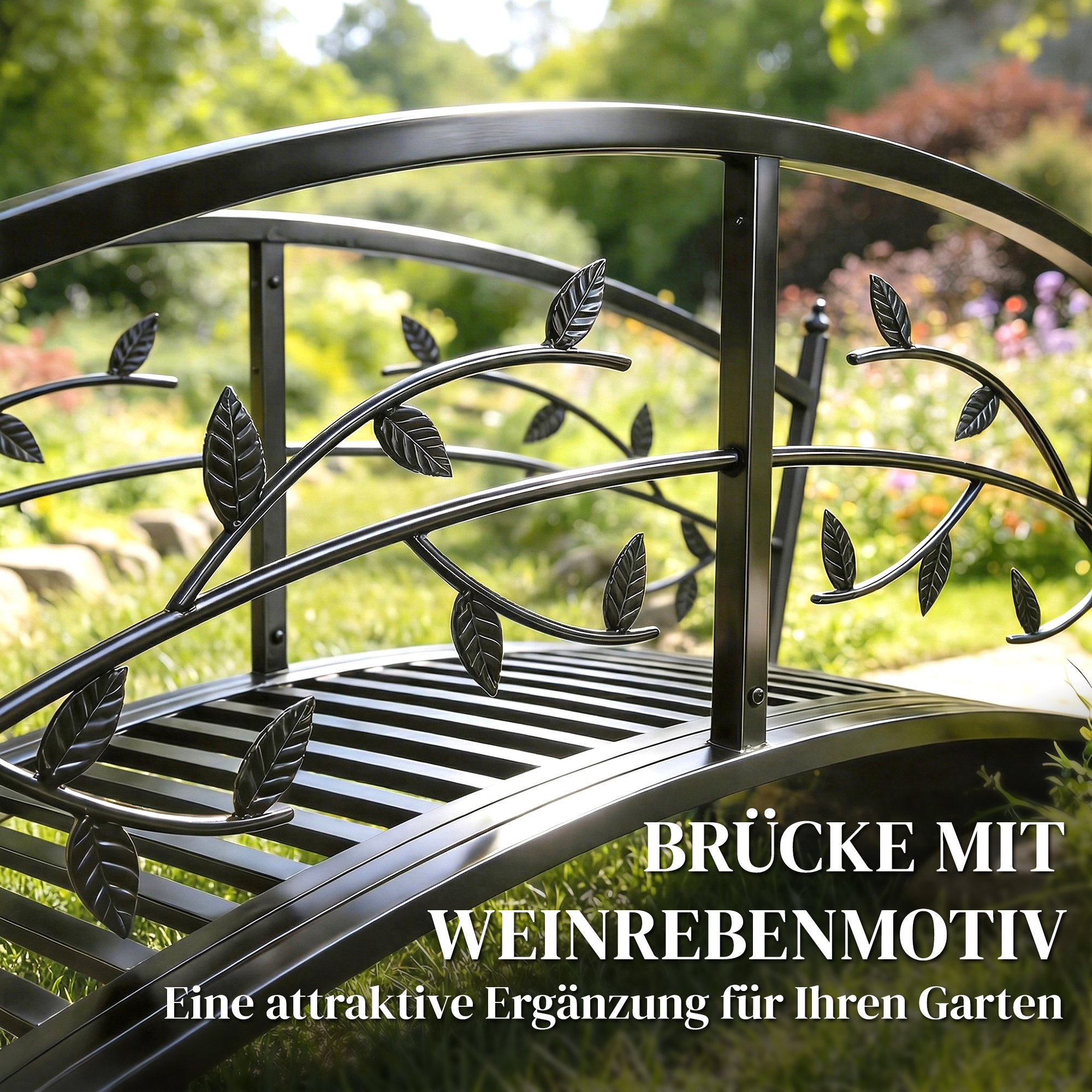 Gartenbrücke aus Metall 120 cm Teichbrücke mit Sicherheitsgeländern Antik-Optik Rostbeständig einfache Montage