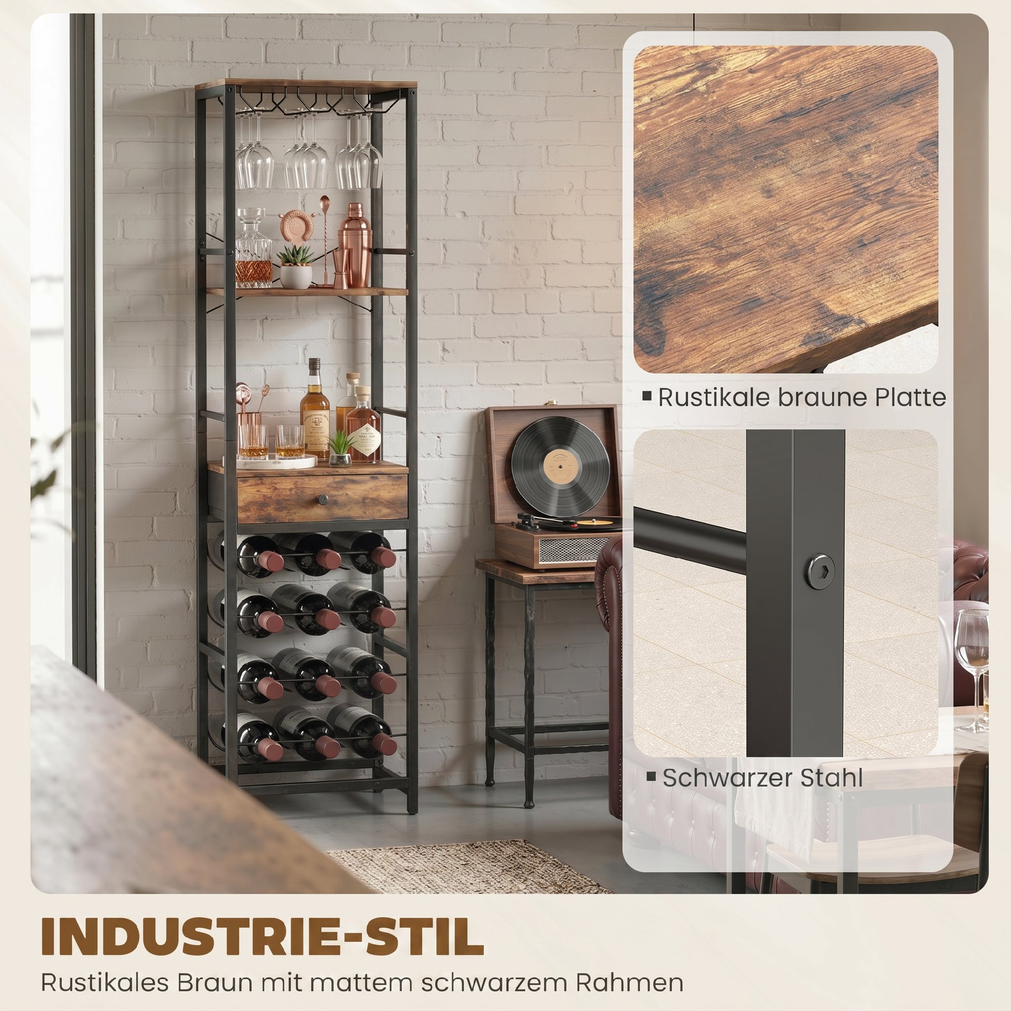 Weinbar-Schrank mit Schublade, Industrieller Barschrank, Weinregal für 12 Flaschen, Glashalter, Rustikal Braun