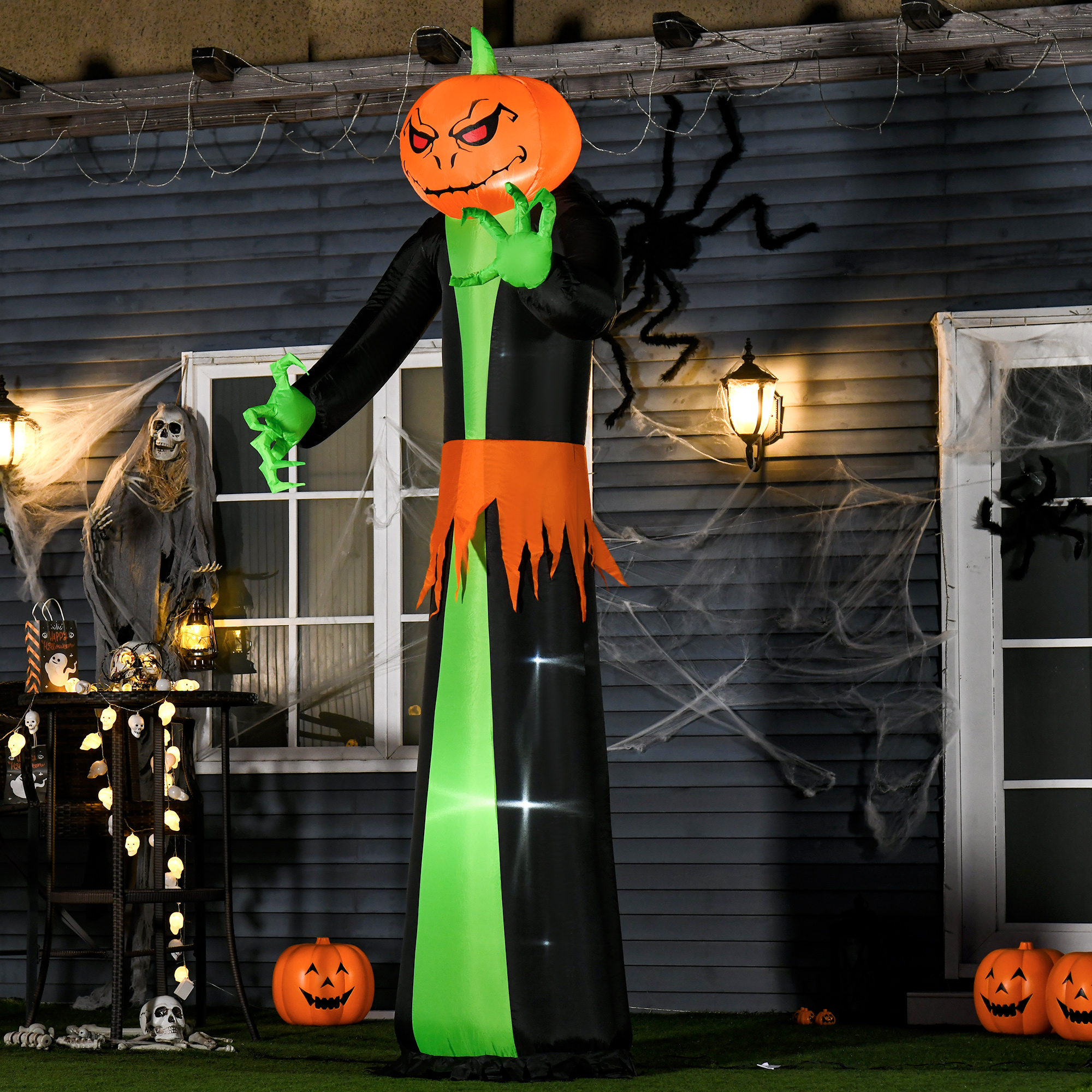 Halloweengeist mit LED-Lichtern, selbstaufblasend, inkl. Gebläse, 100 cm x 96 cm x 270 cm, Grün + Gelb + Schwarz