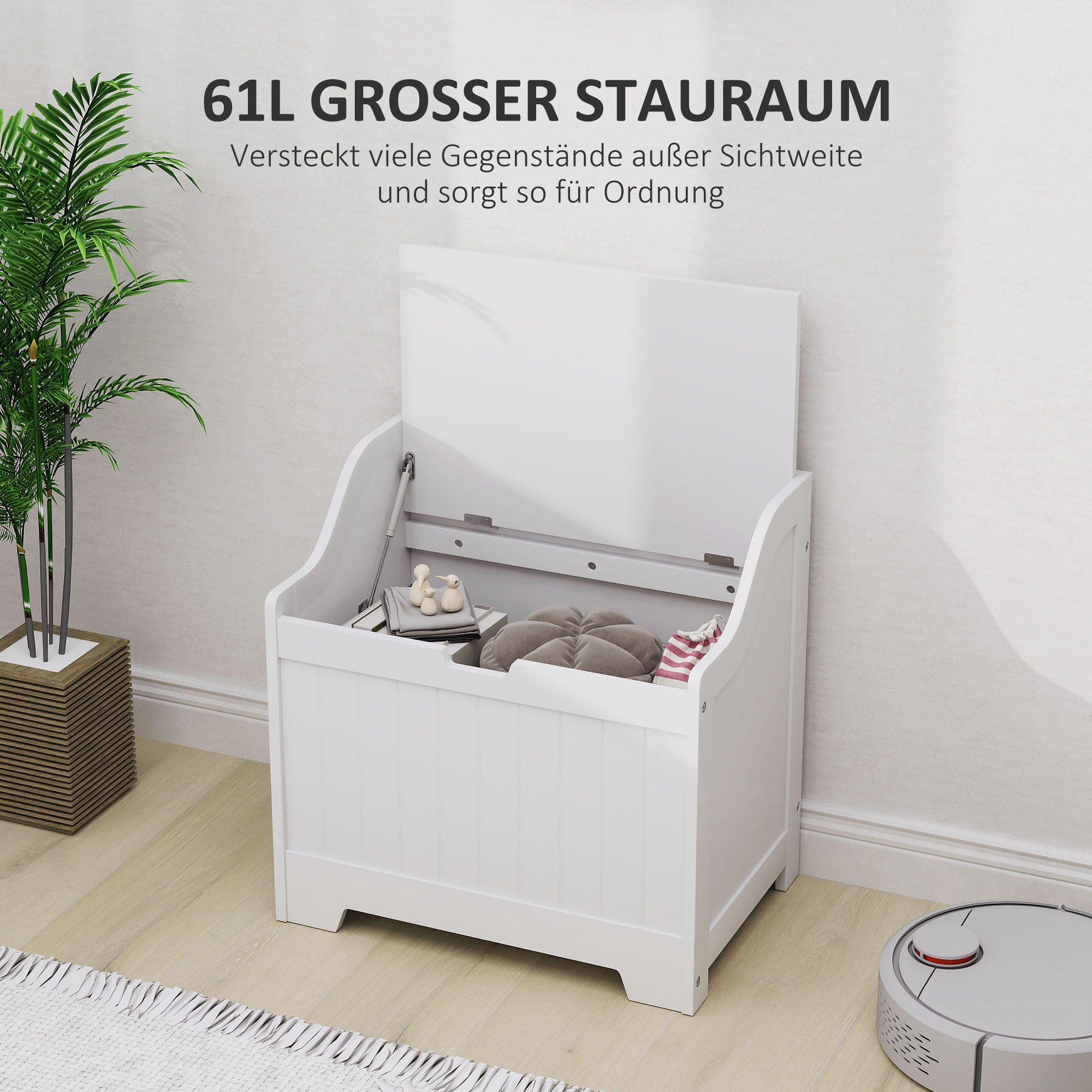 Aufbewahrungstruhe, Holzkiste mit Deckel, viel Stauraum, modernes Design, Weiß