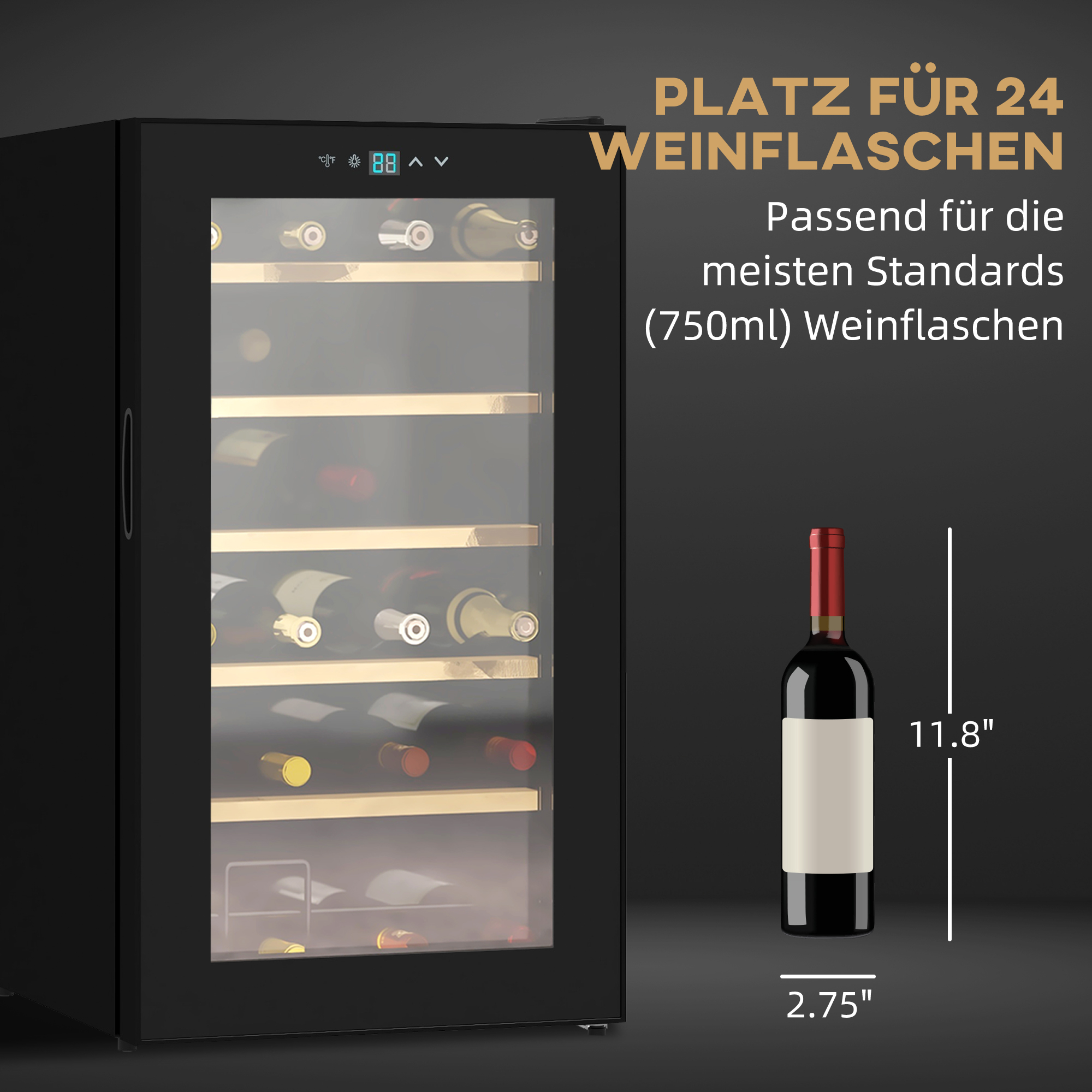 Weinkühlschrank klein Wohnzimmer für 24 Flaschen, einstellbare Temperatur 5 bis 20° C, LED-Beleuchtung, schwarz, 43 x 45 x 75 cm