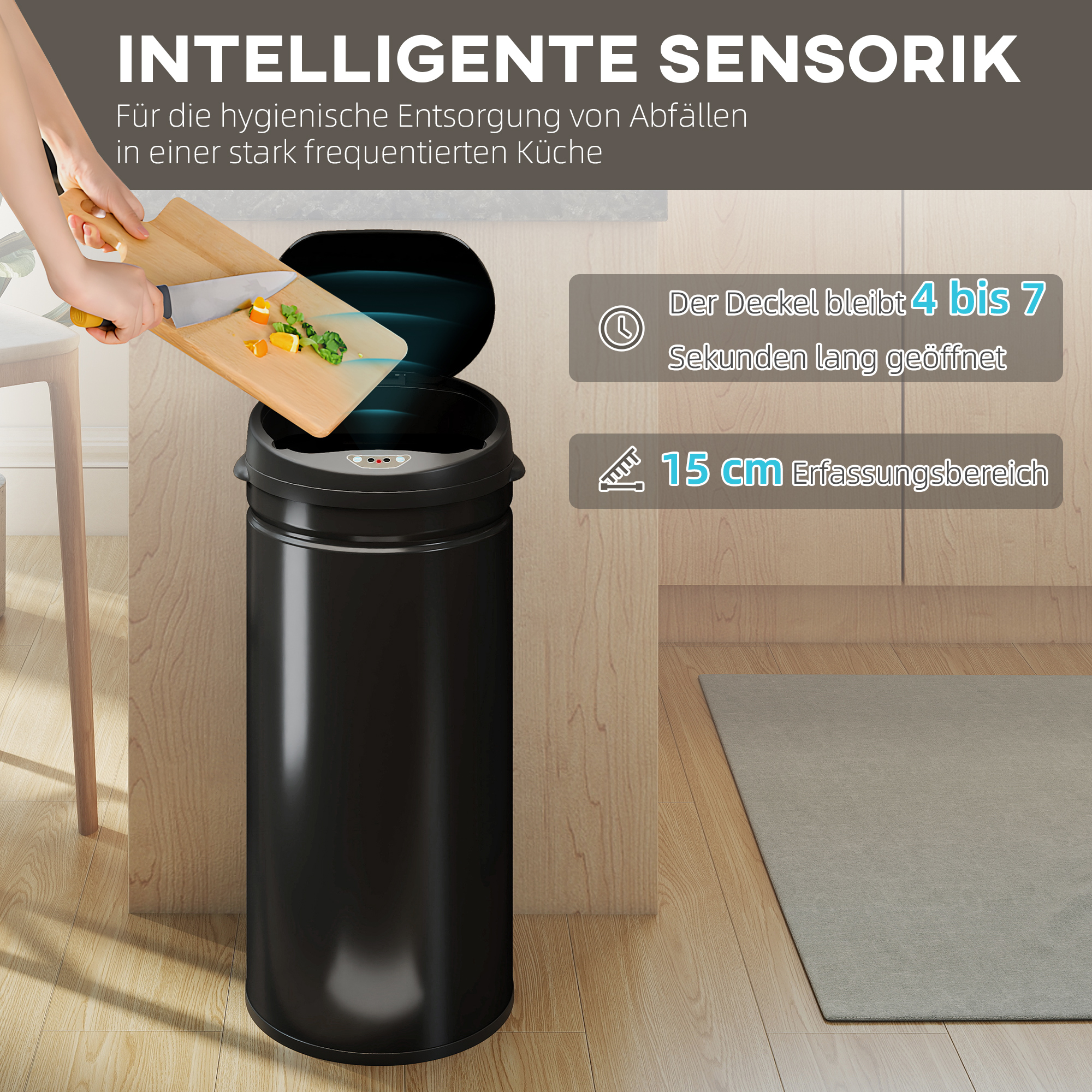 42 Liter Sensor-Mülleimer mit Soft-Close-Funktion, berührungsfreier Abfalleimer aus Edelstahl für hygienische Küchen