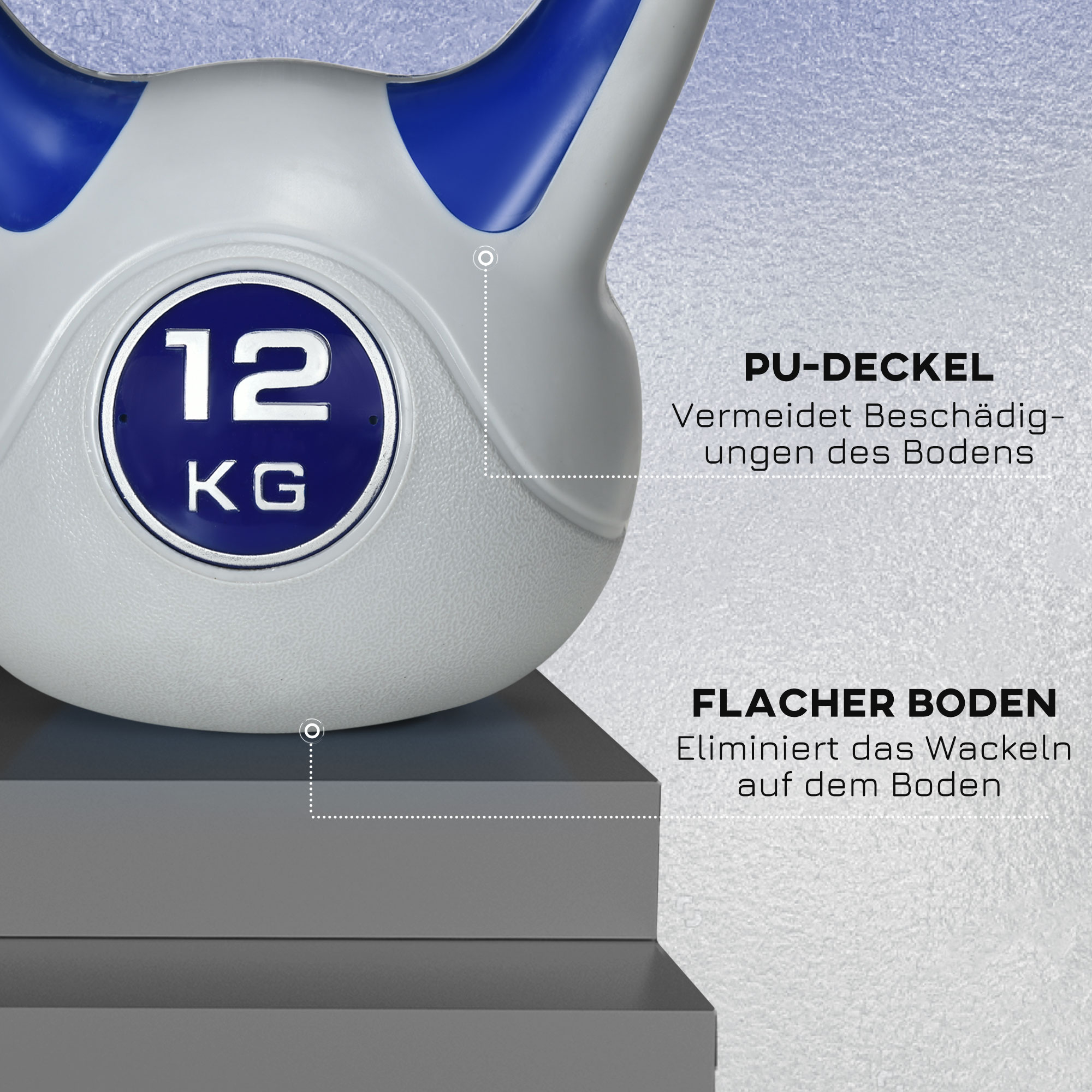 Kugelhantel, Kettlebell, 12 kg, flache Unterseite, großer Griff, Kunststoffmantel, blau, 24 x 17 x 28 cm