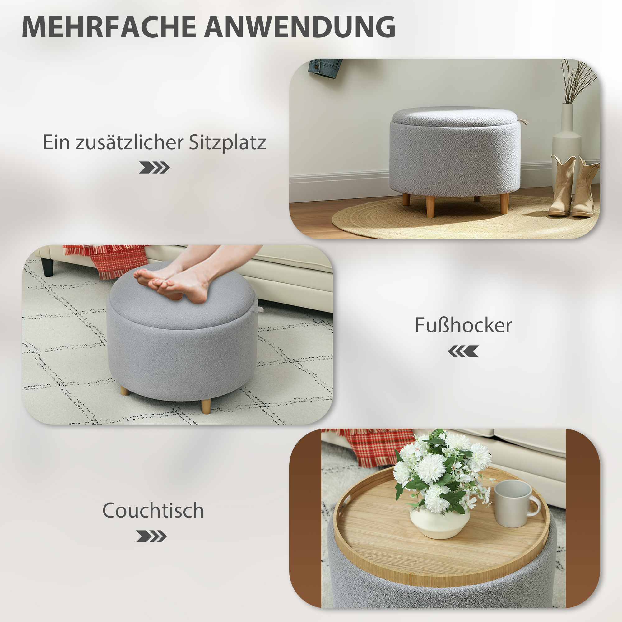 Hocker Polsterhocker, Teddyfleece, versteckter Stauraum, umkehrbarer Deckel, 56 cm x 56 cm x 42 cm, Grau