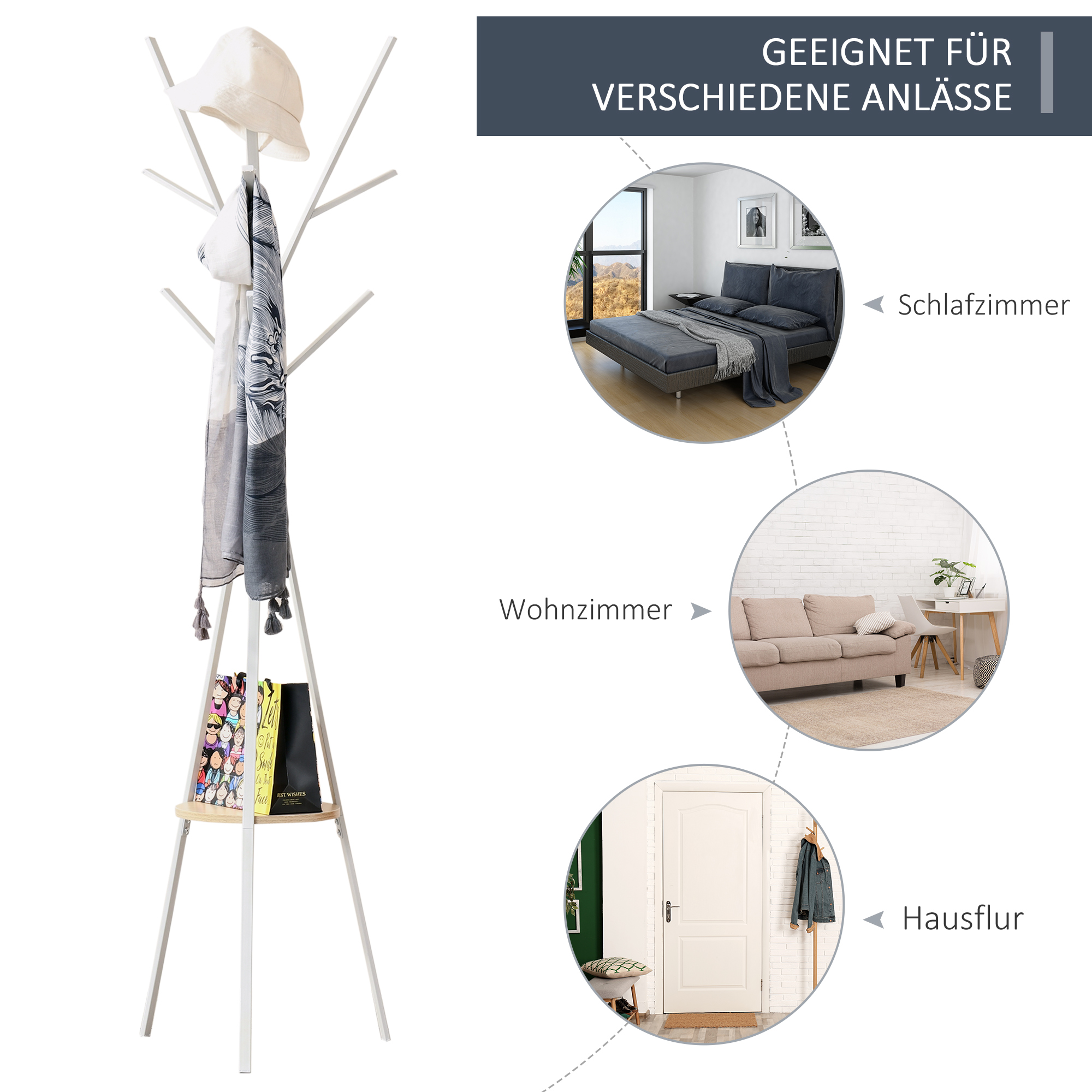 Garderobenständer Kleiderständer mit Ablage und 8 Haken Jackenständer Moderner Garderobe für Kleidung Hut Tasche, Wohnzimmer, Weiß