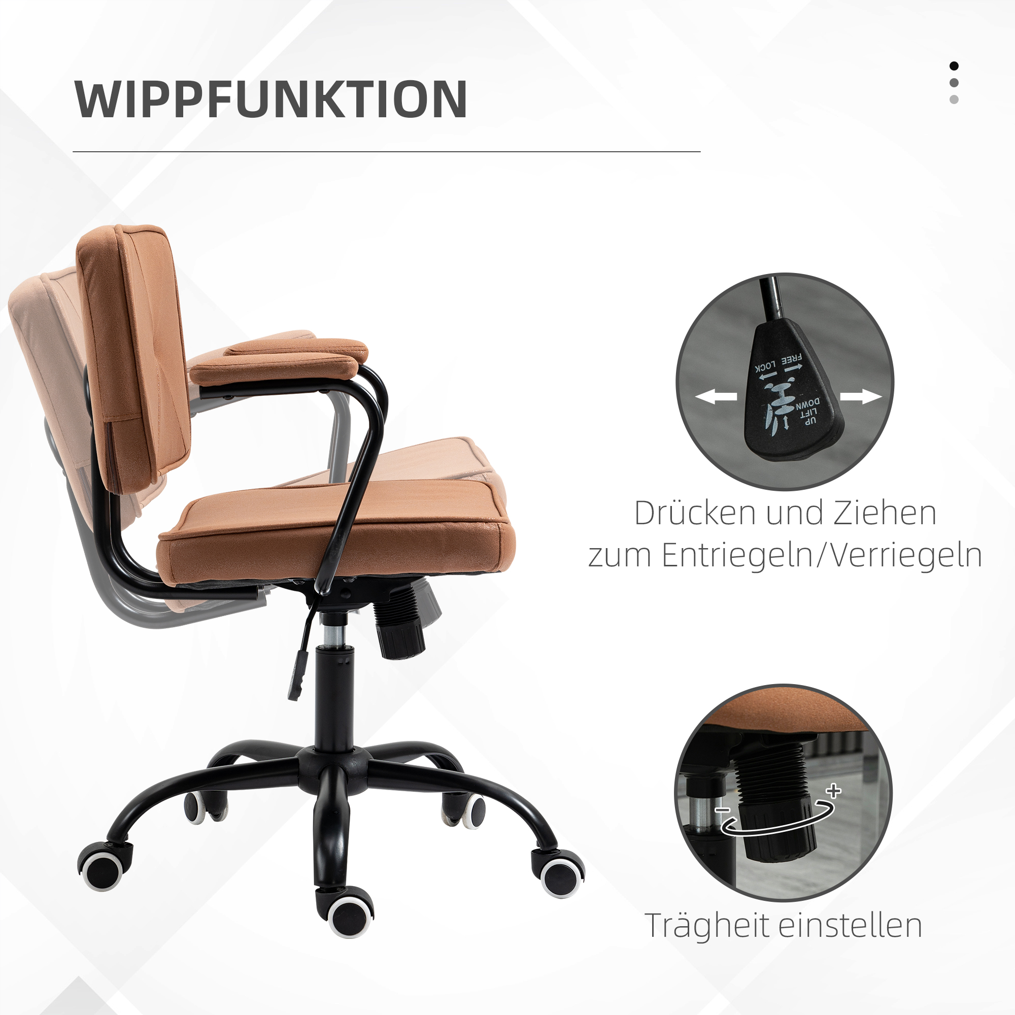 Bürostuhl mit Rollen Drehstuhl Schreibtischstuhl für Büro höhenverstellbar mit Wippfunktion 360°-Drehung neigbar Schaumstoff Braun 61 x 58 x 82-91 cm