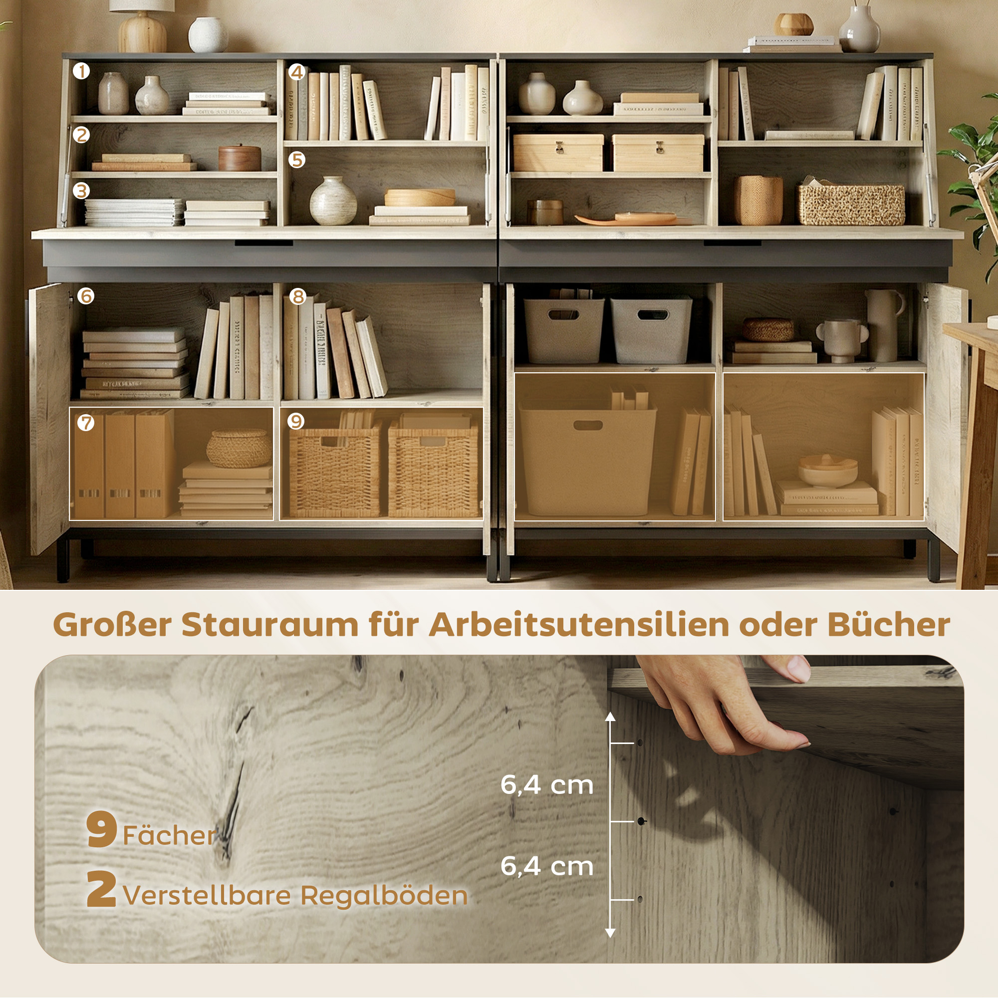 Industrieller Sekretär-Schreibtisch mit Regalen und Metallrahmen 100 cm Naturholz und Schwarz