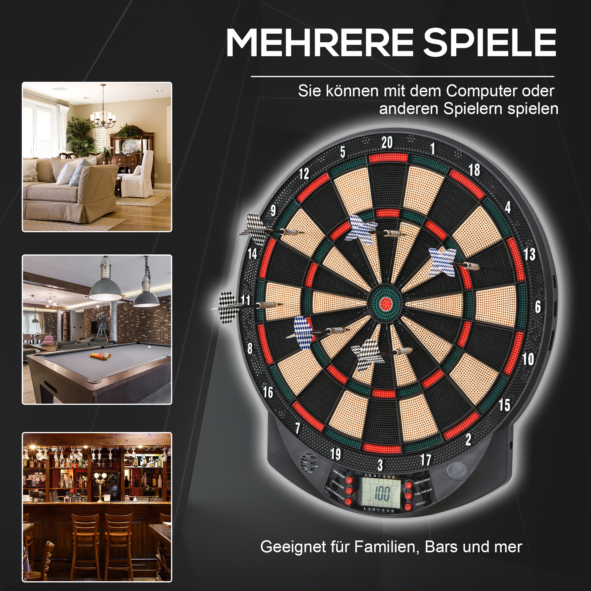 elektronische Dartscheibe, automatische Wertung Dartboard Dart-set mit 6 Darts 30 Dartköpfe 26 Spiele und 185 Trefferoptionen für 8 Spieler Soundeffekte Schwarz 44 x 39,5 x 2,2 cm