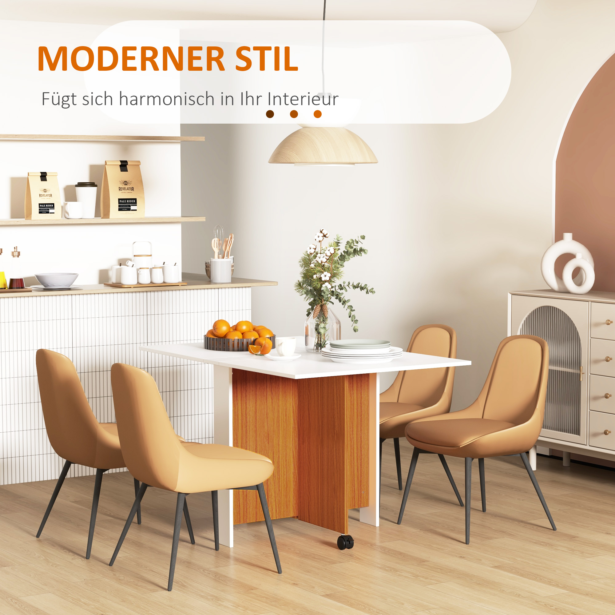 ausklappbarer Esstisch, ausziehbarer Esstisch, mobil, modernes Design, 120 cm x 80 cm x 73 cm, Teak + Weiß