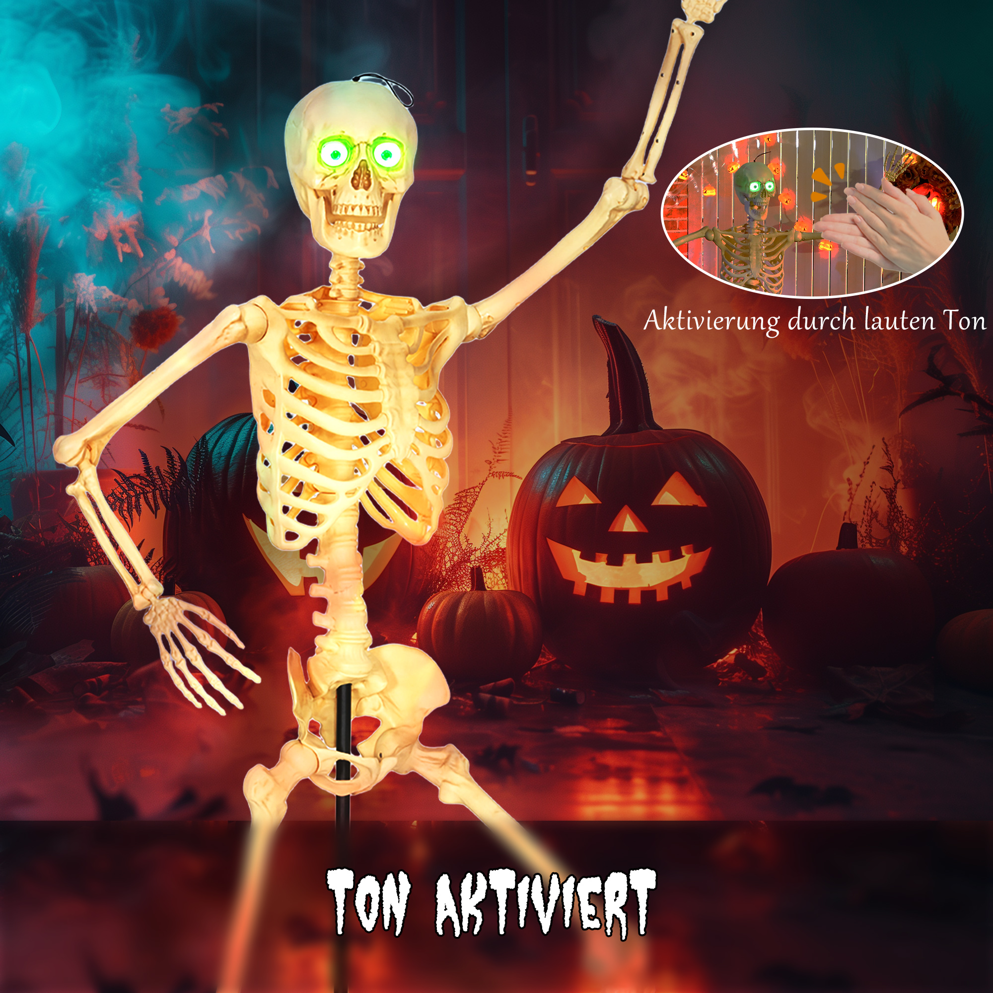 Skelett-Figur, Halloween-Dekoration, bewegliche Arme und Beine, Geräusch-Aktivierung, leuchtende Augen, Batteriebetrieb, 152 cm, Metall, Kunststoff, Gelb Skelett-Figur, Halloween-Dekoration, bewegliche Arme und Beine, Geräusch-Aktivierung, leuchtende Augen, Batteriebetrieb, 152 cm, Metall, Kunststoff, Gelb