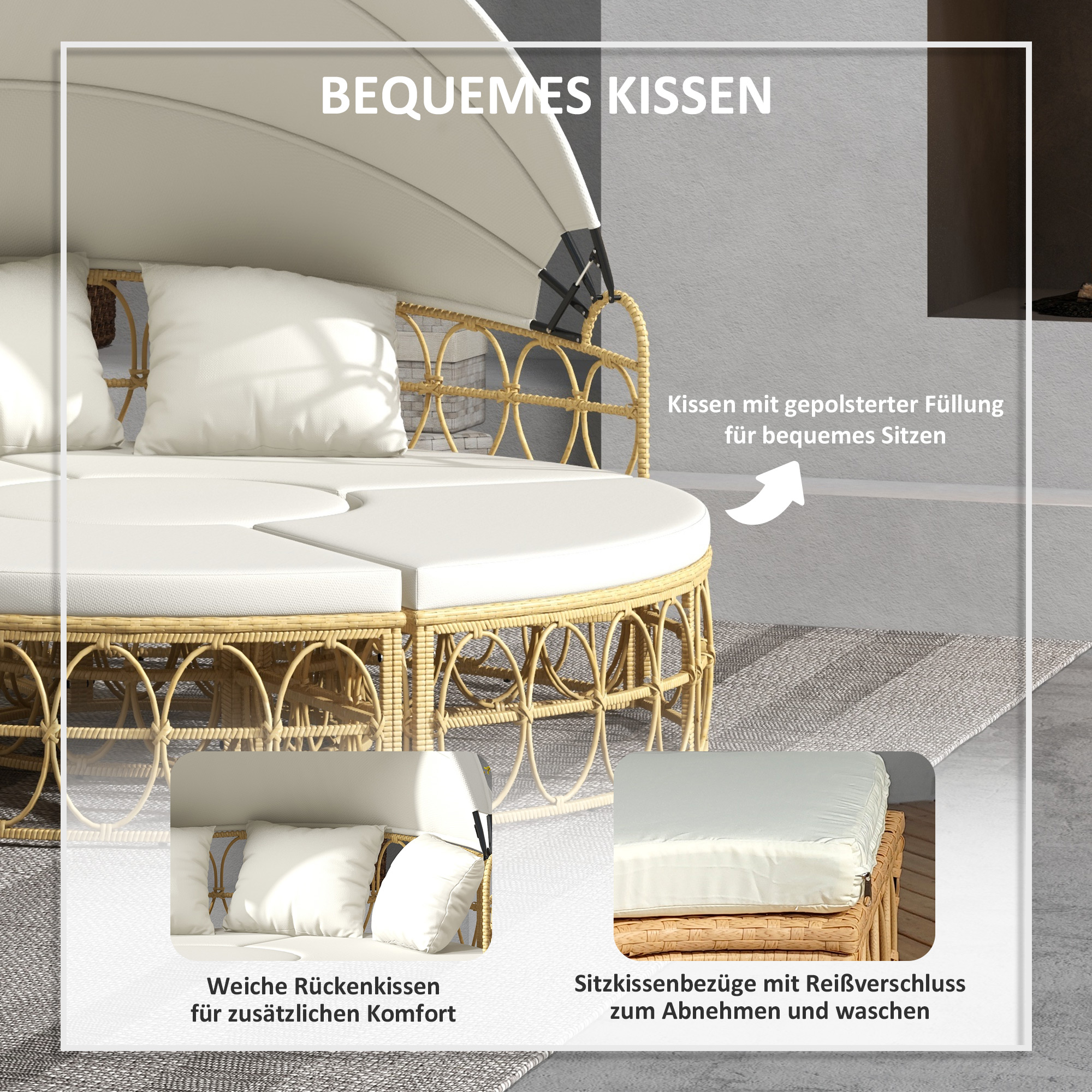 Sonneninsel, 4-teilig, ausziehbares Dach, 5 Kissen, Rattanoptik, 178B x 85T x 66,5H cm, Beige