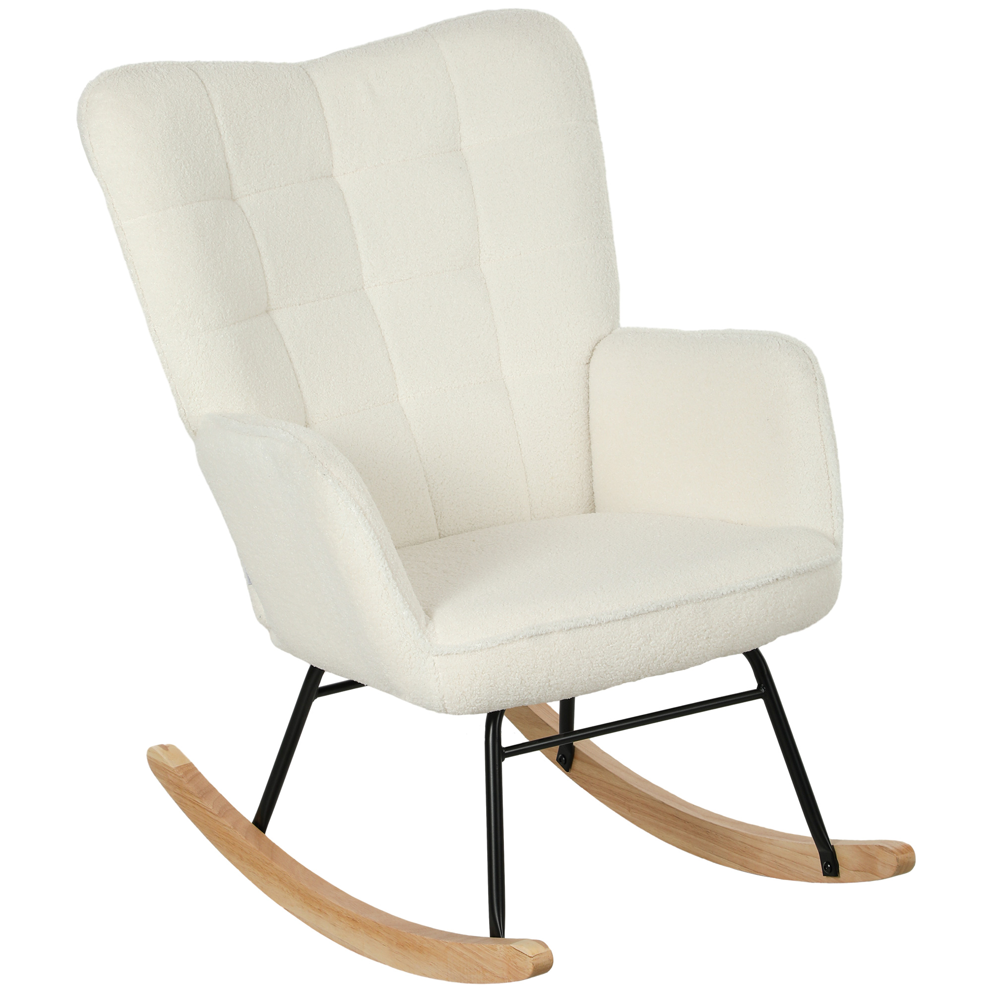 Schaukelstuhl in Vliesoptik mit Armlehnen, Ergonomischer Sessel mit Holzkufen, für Wohnzimmer, Schlafzimmer, Weiß