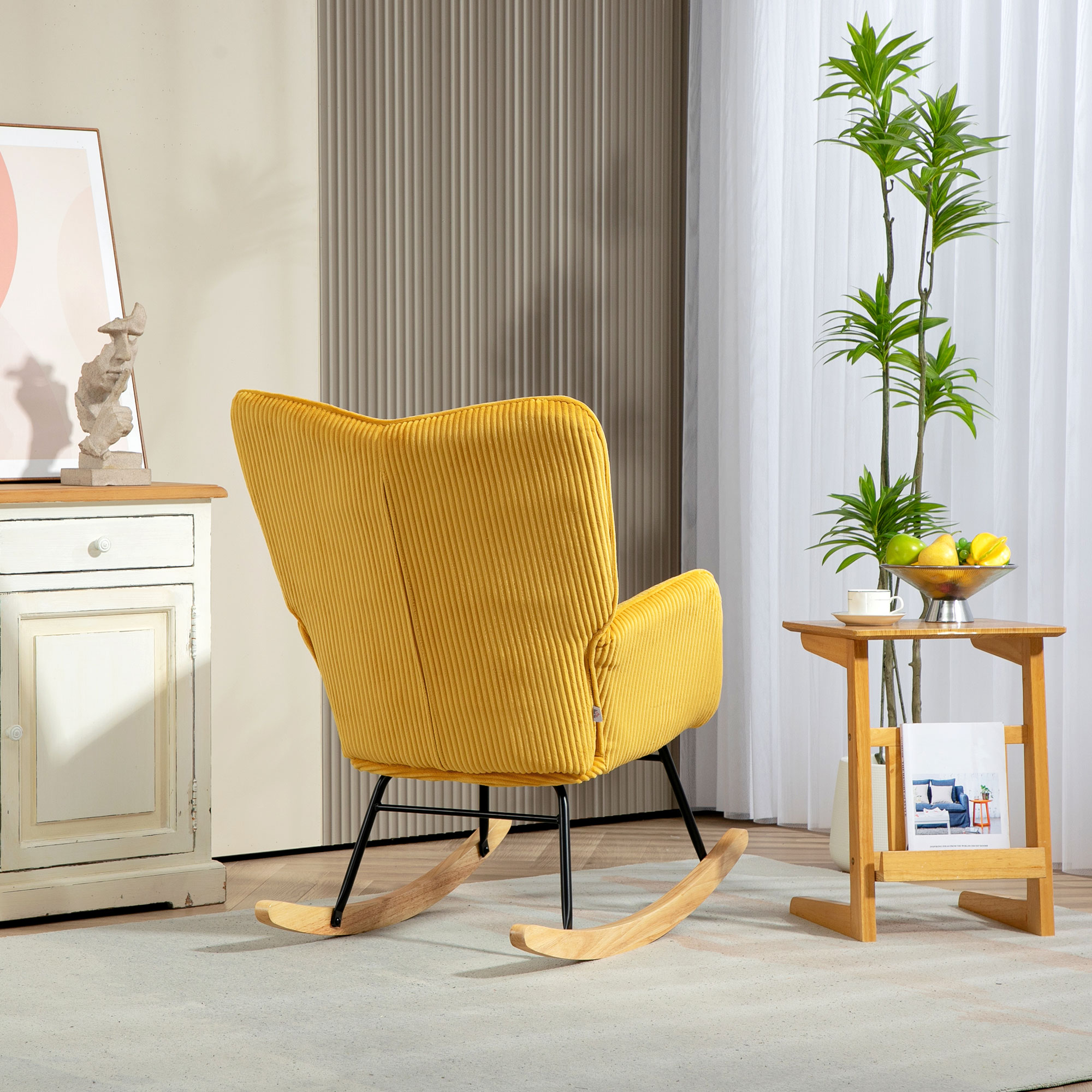 Vintage Schaukelstuhl, geschwungene Kufen, dicke Polsterung, Buchenholz & Stahl, Gelb