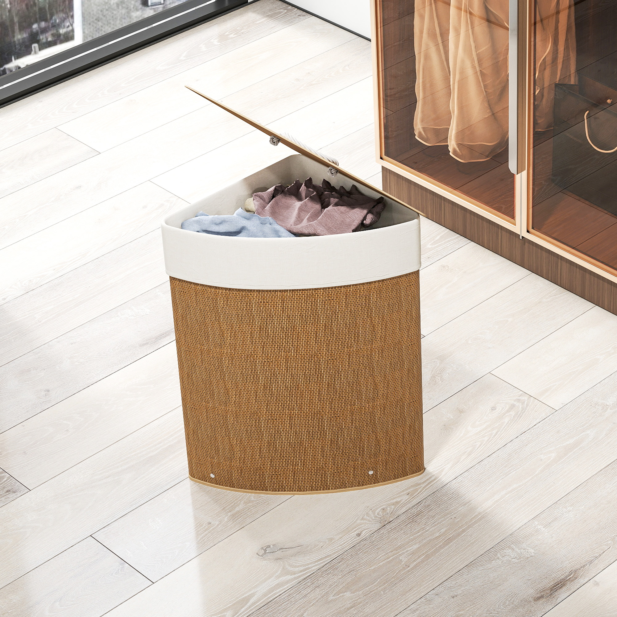 Wäschekorb im Eckdesign, Bambusgeflecht, 55 Liter, Stoffbeutel, Metallrahmen, Braun