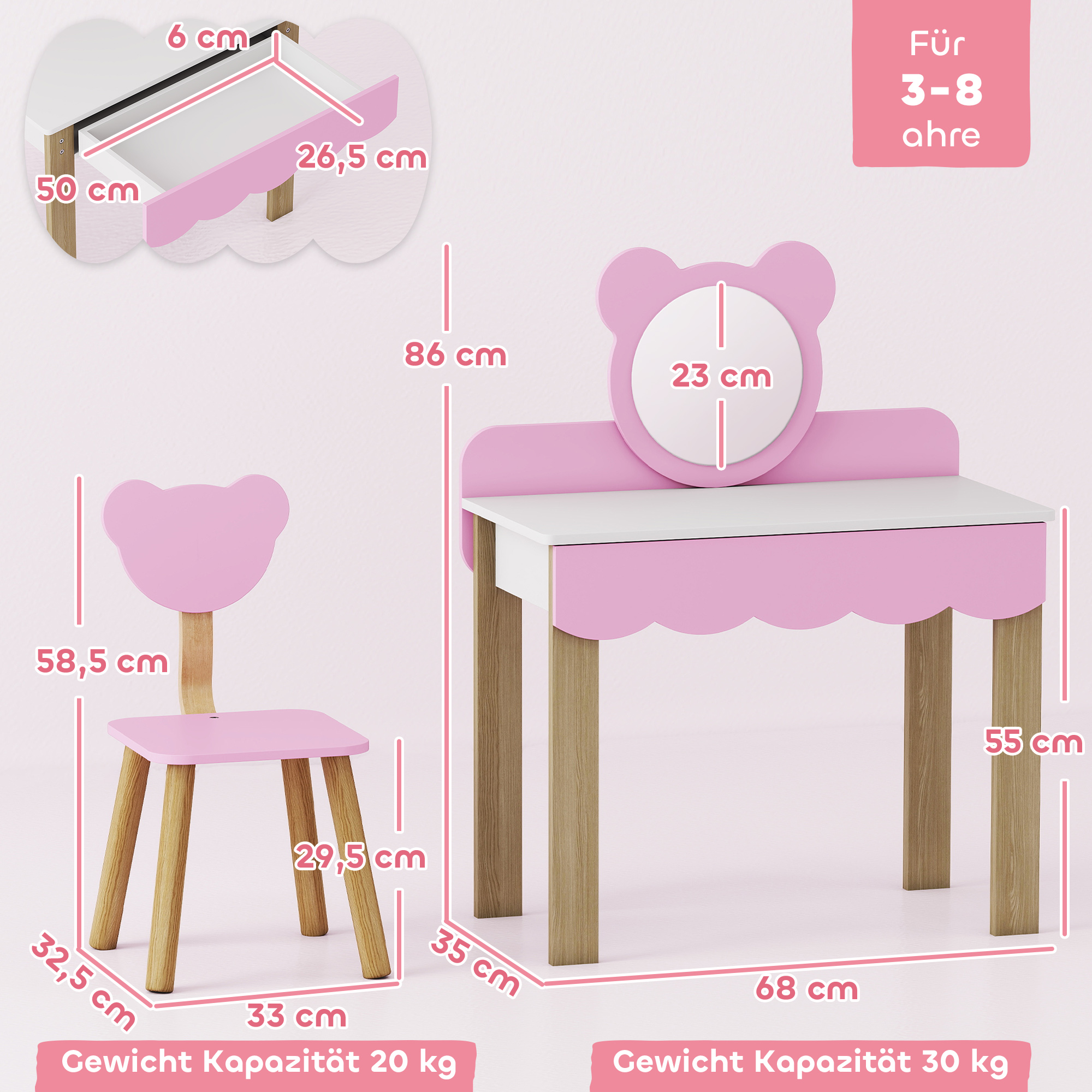 Frisiertisch-Set mit Hocker für Kinder, Schminkspiegel, Bärchenform, Schublade, MDF, Rosa