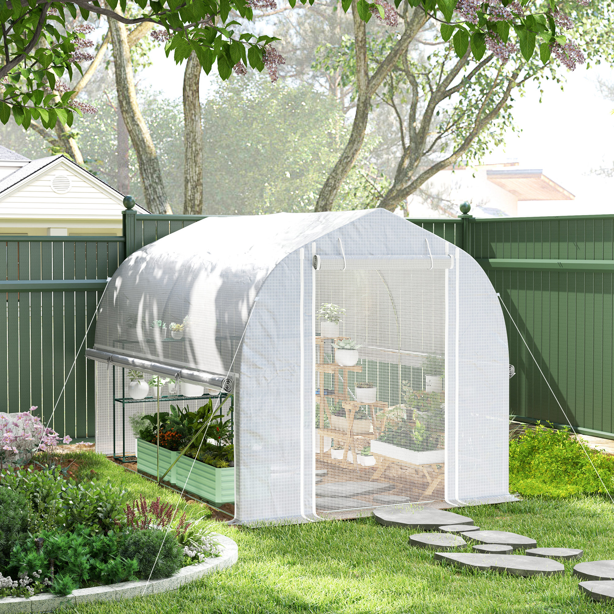 3 x 2 x 2 m Polytunnel-Gewächshaus mit aufrollbaren Seitenwänden, UV-beständiger Kunststoff-Plane und Stahlrahmen, Weiß