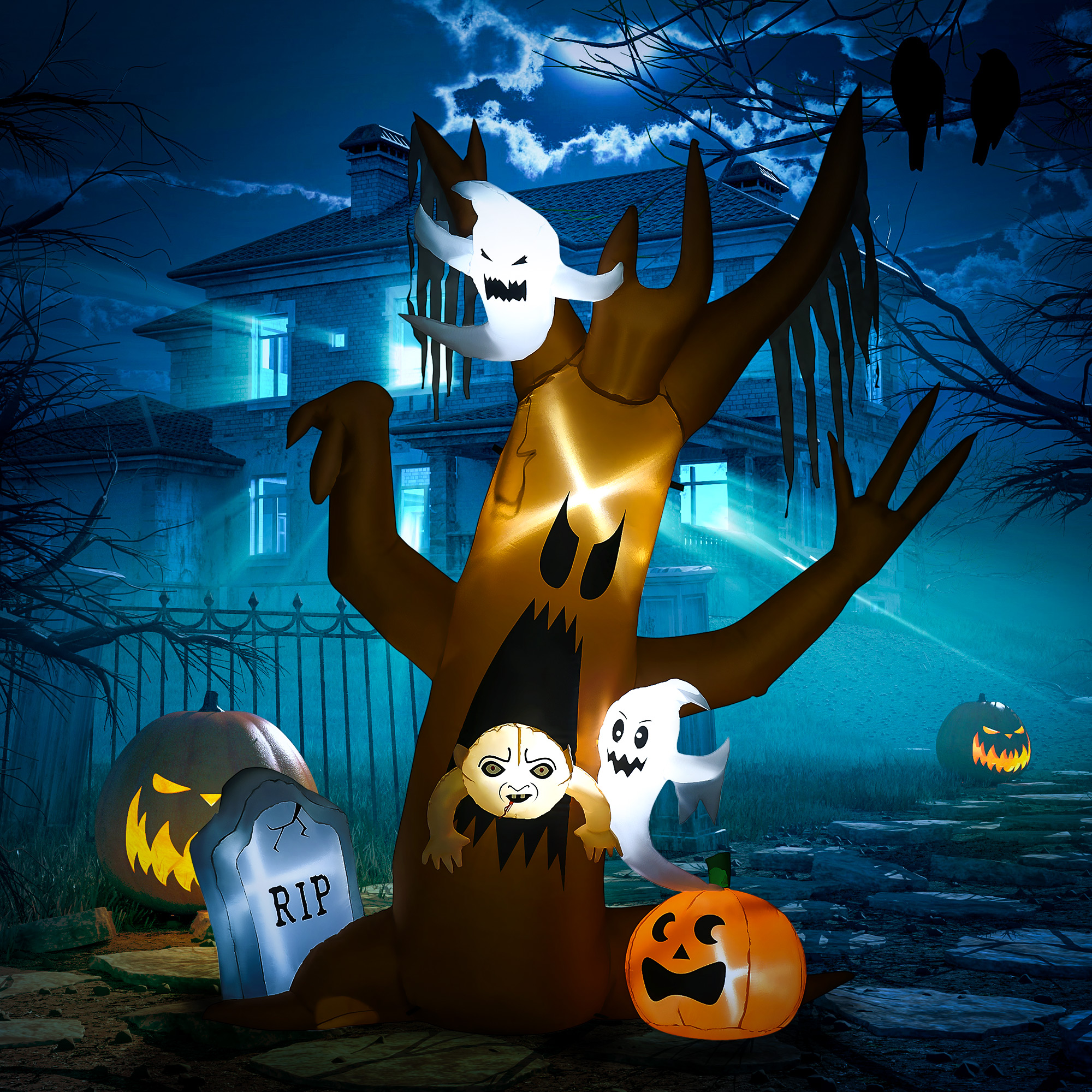 Halloween-Deko, 2,40m großer Geisterbaum, selbstaufblasend, LED-Beleuchtung, für Außenbereiche