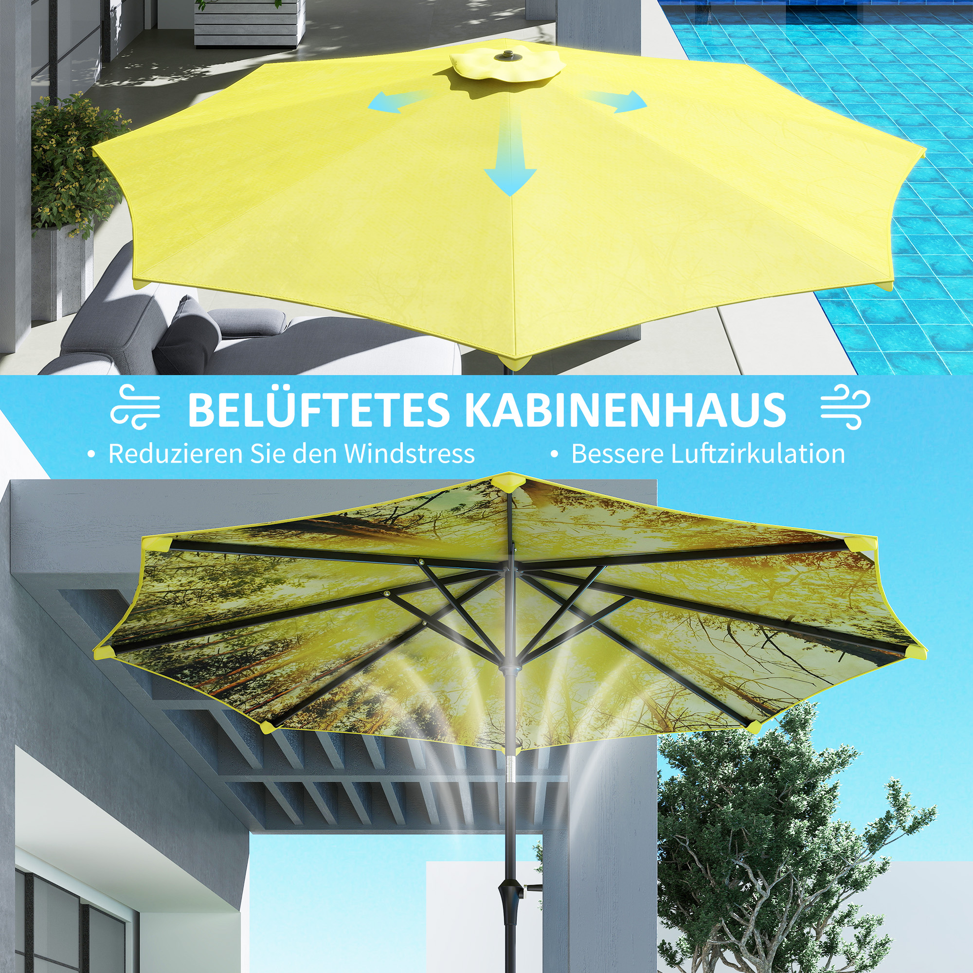Sonnenschirm Ø300 cm, Sonnenschirm mit Handkurbel, achteckig Balkonschirm Gelb