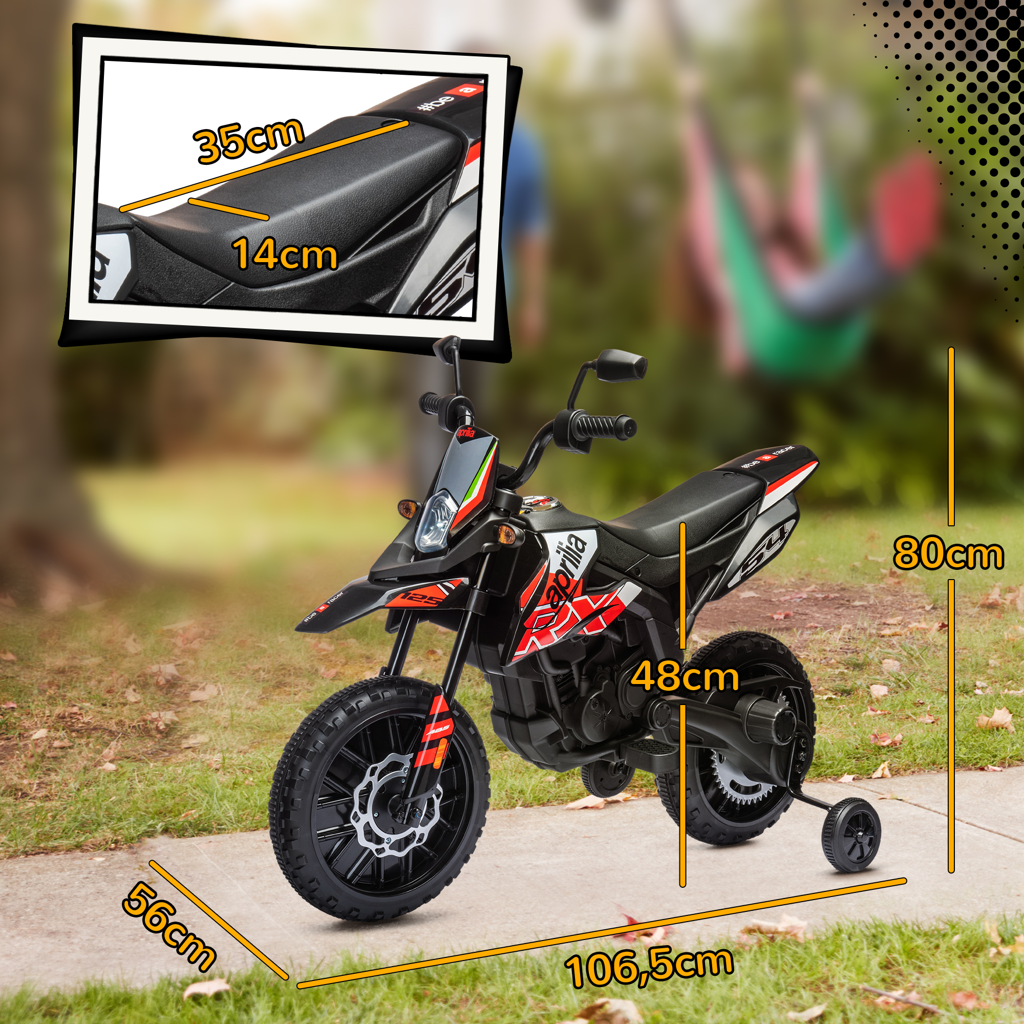 Elektro Motorrad Kinder 12 V Elektromotorrad mit 2 Motoren Stützrädern, Stoßdämpfer 13 Zoll Räder Musik, USB