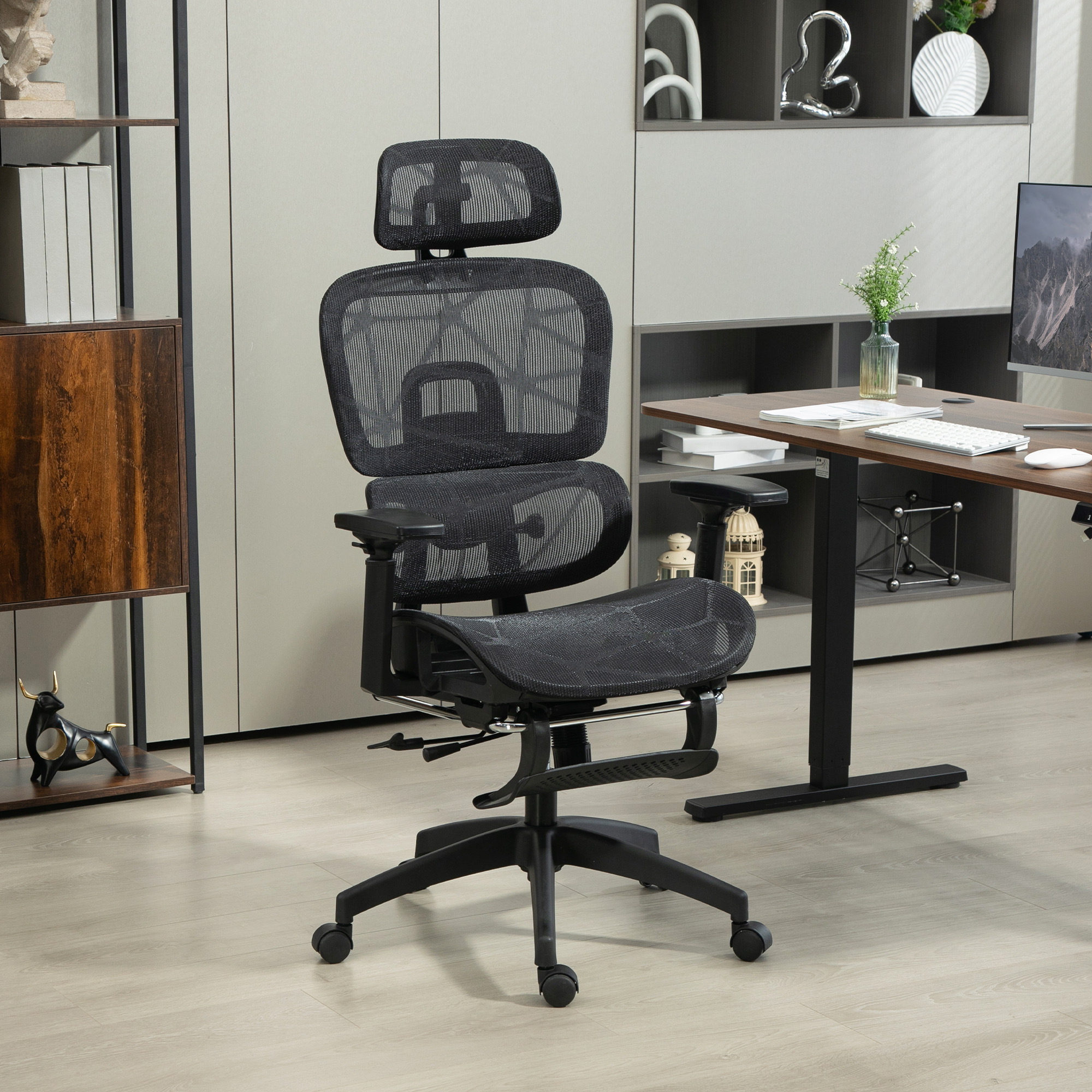 Bürostuhl, Ergonomischer Schreibtischstuhl mit Netzstoffbezug, verstellbar, rollbar, mit Armlehnen, Kopfstütze, Schwarz