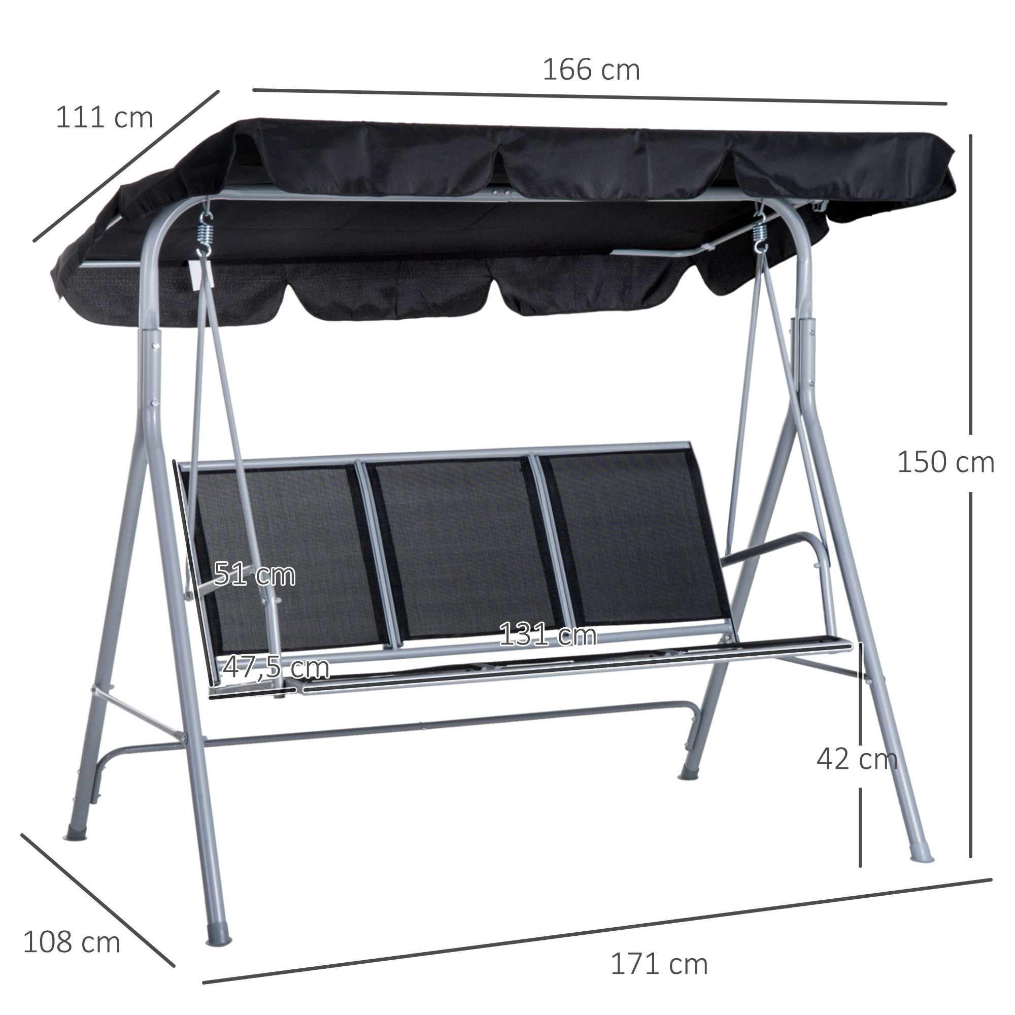 Hollywoodschaukel mit verstellbarem Sonnendach, 3-Sitzer Gartenschaukel mit Anti-Rutsch-Füßen, Schaukelbank belastbar bis 240 kg, Gartenliege für Garten, Terasse, 171x108x150cm, Schwarz